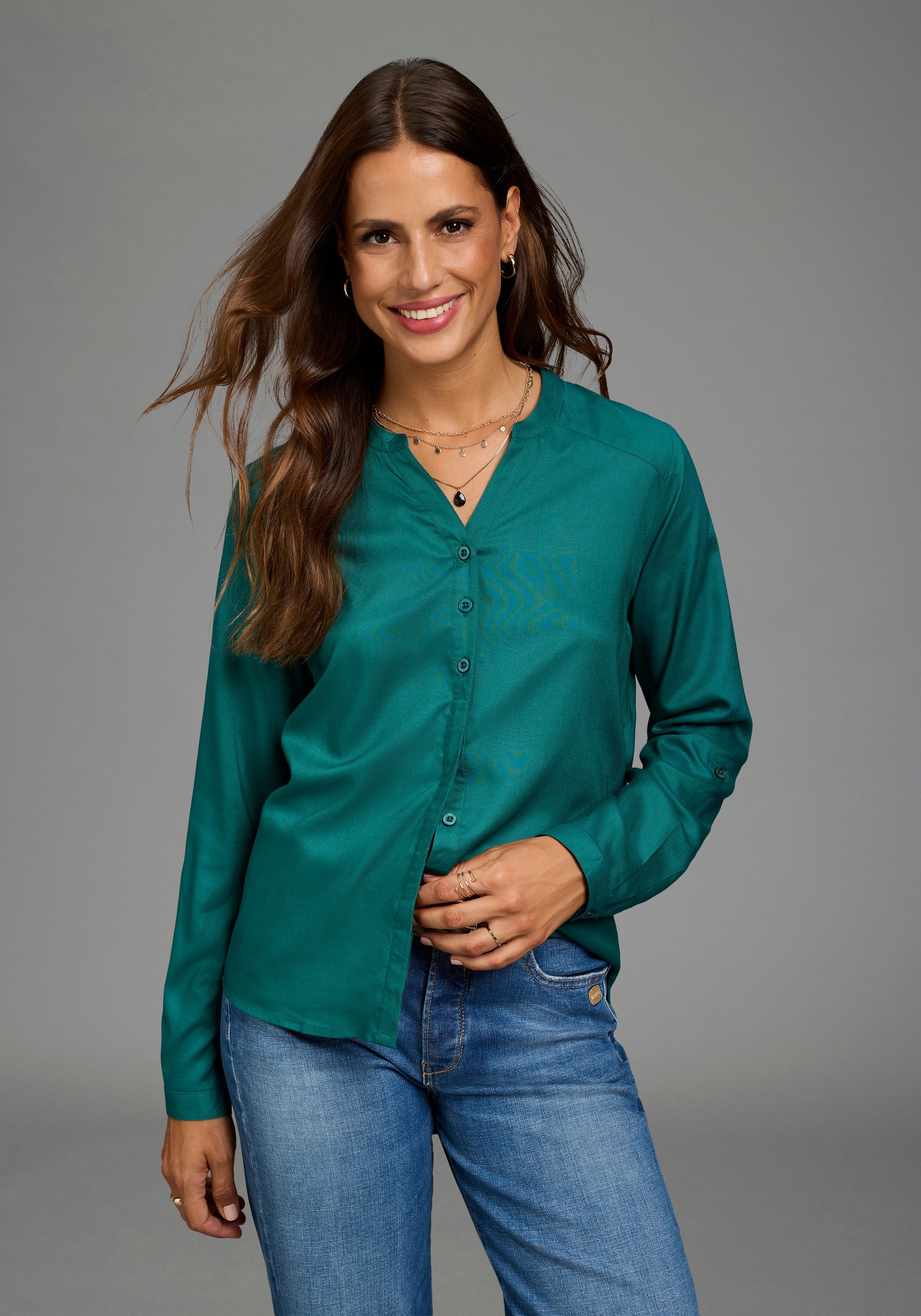 Laura Scott Longbluse Vorne kurz, hinten länger geschnitten, Ärmel krempelbar