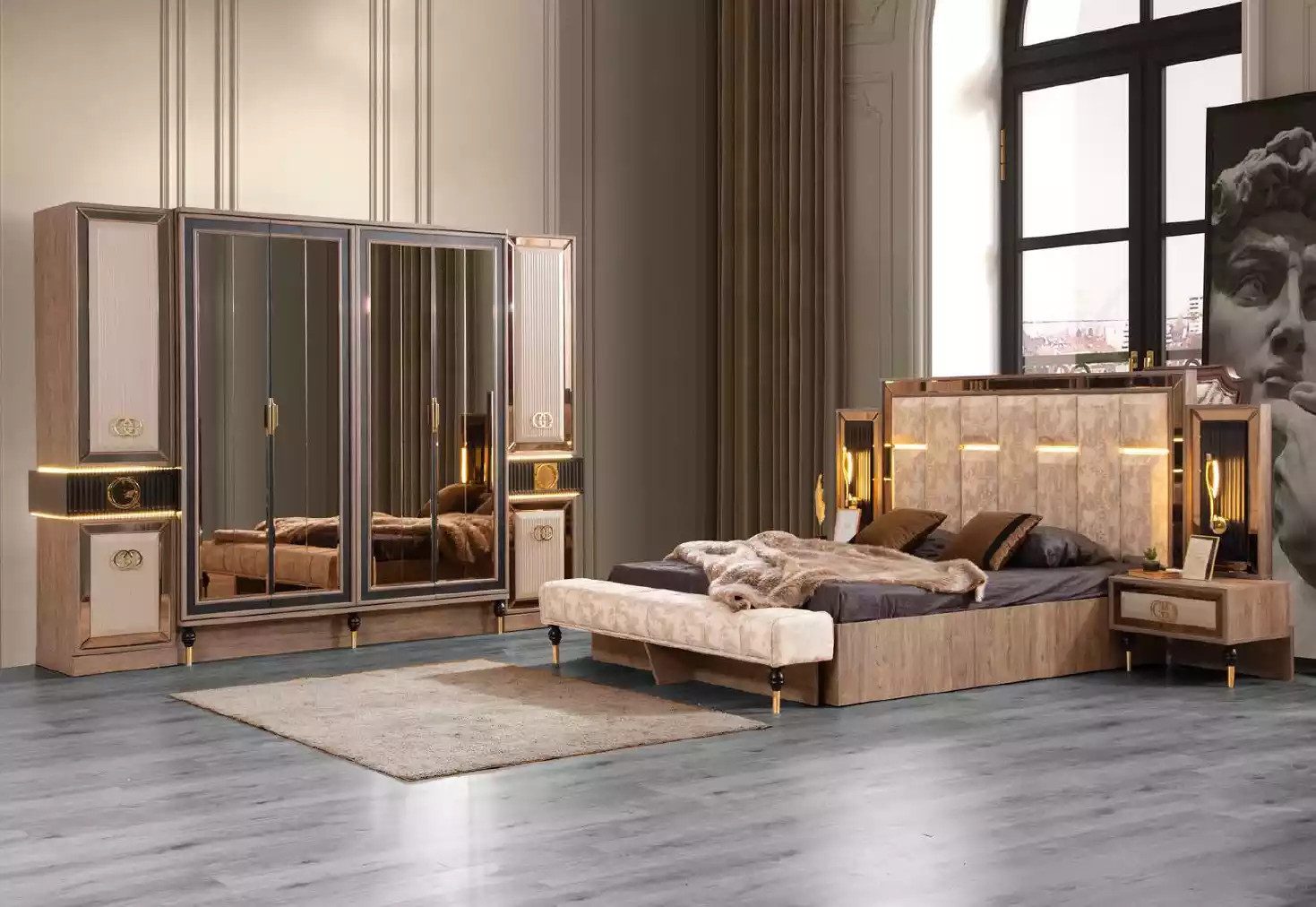 Schlafzimmer-Set Modern Betten Doppelbett Set Schlafzimmer Garnitur Stoff Beige