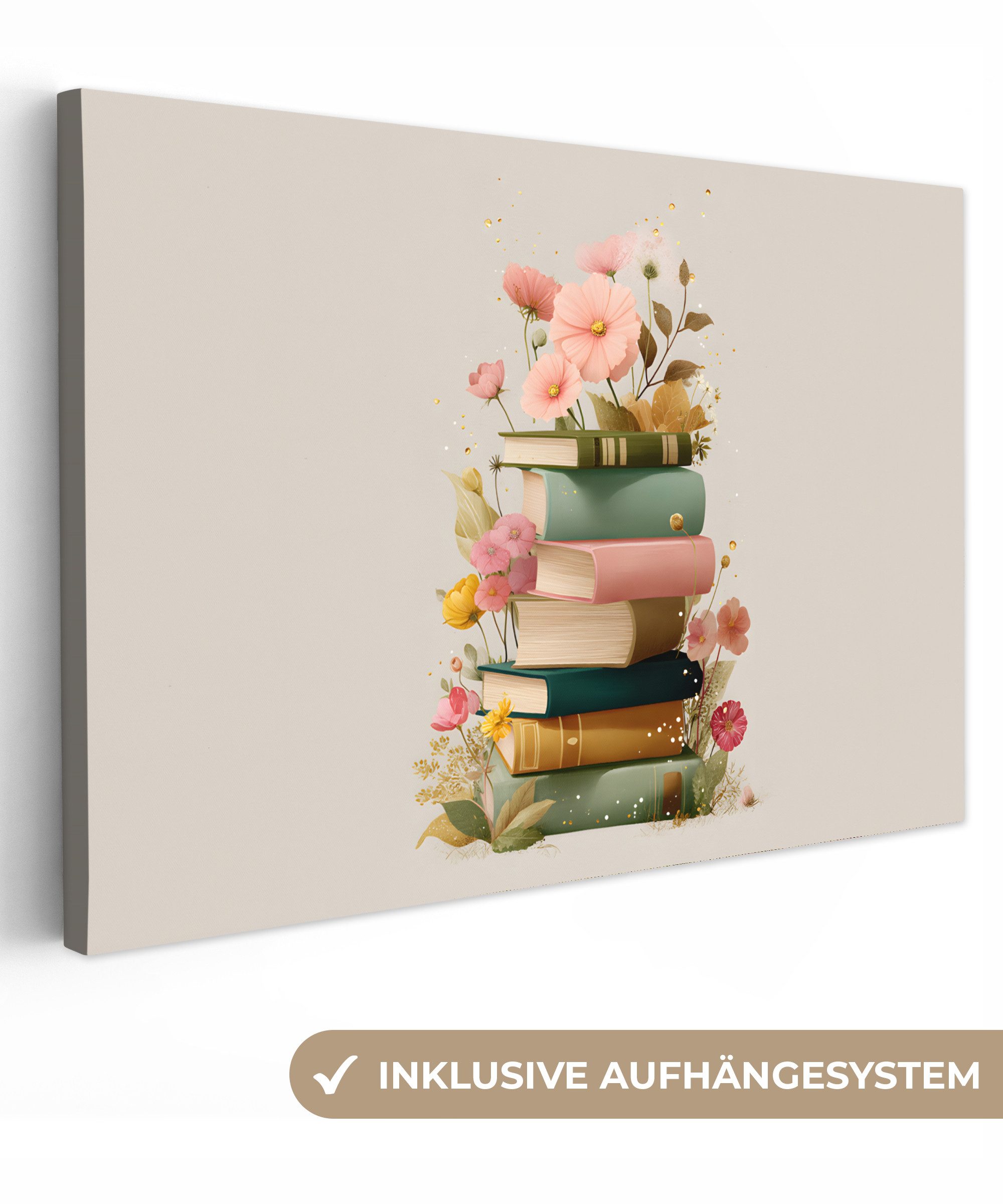 OneMillionCanvasses® Leinwandbild Bücher - Stapel - Blumen - Farbenfroh, Fo günstig online kaufen