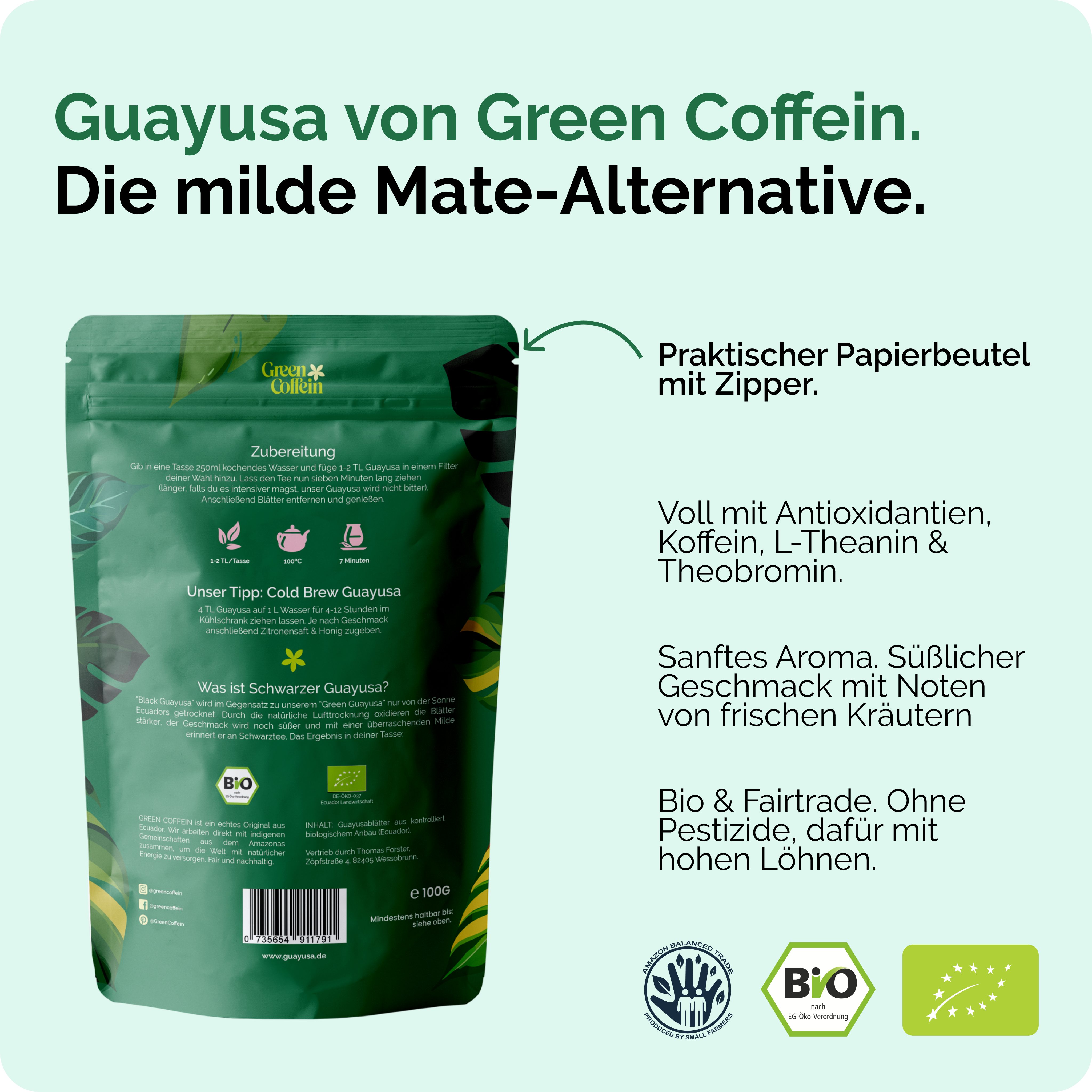 Green Coffein Tee Bio Black Guayusa Tee – Koffeinhaltiger Tee Ecuador (100g oder 500g), 1 x 100 g, 1 St.