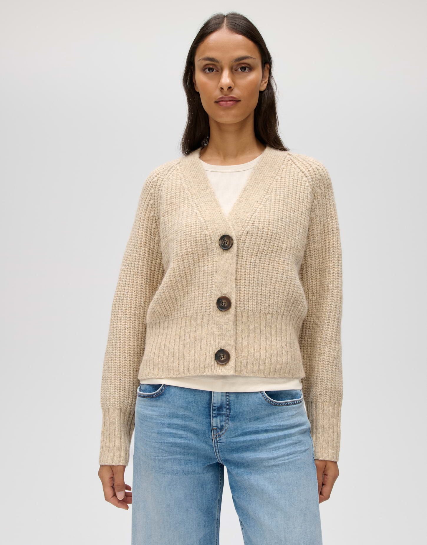 OPUS Cardigan DONIKI mit Rippstrickmuster V-Ausschnitt, Raglanärmel, Knopfleiste
