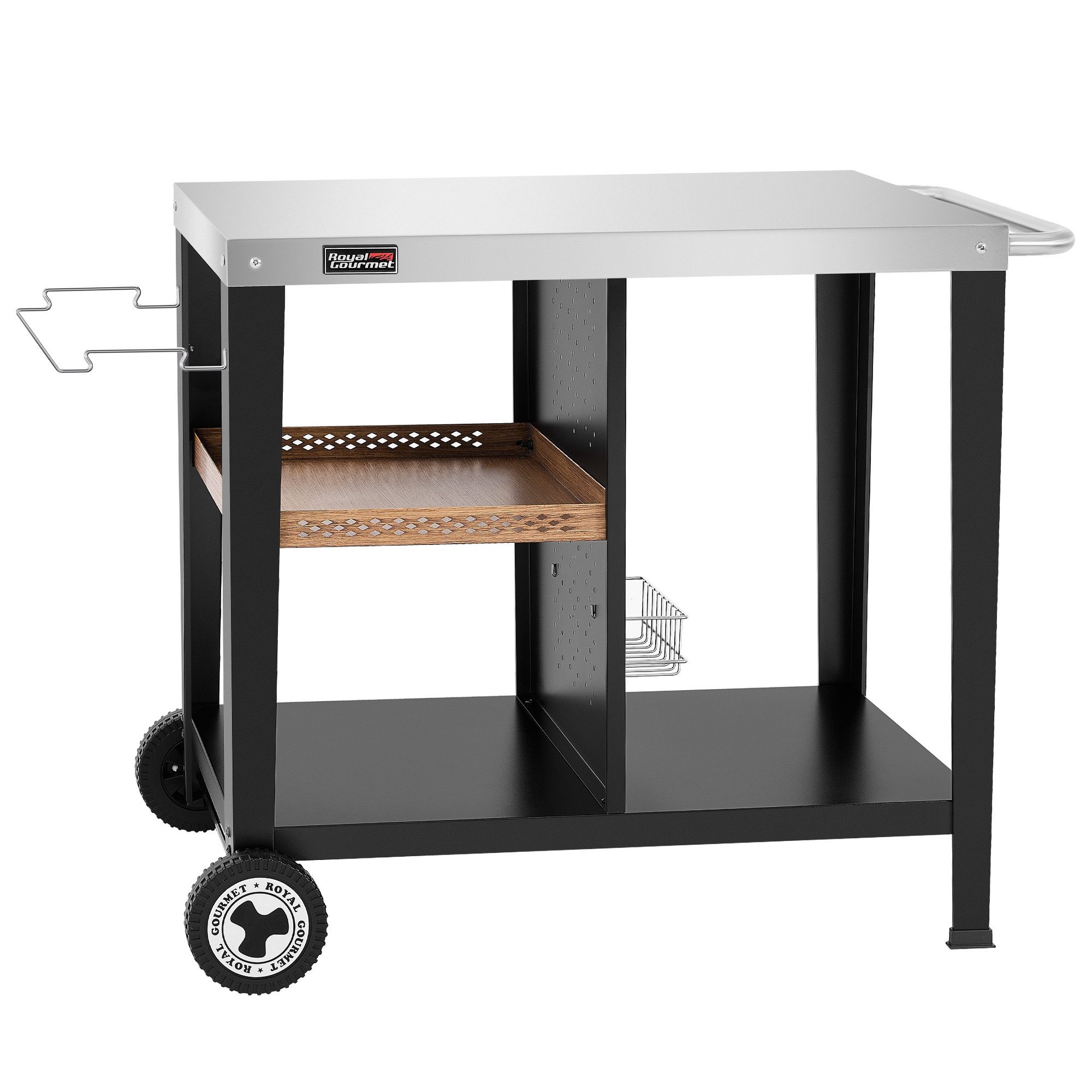 Royal Gourmet Grillablagetisch Grilltisch mit 85x50 cm Edelstahlplatte, 3-Etage Grillwagen, Mobiler Mehrzweck-Küchenwagen