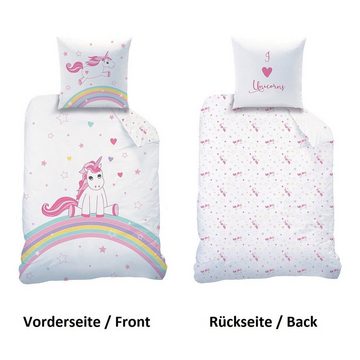 Kinderbettwäsche mit Einhorn auf Regenbogen 135x200 + 80x80 cm aus 100% Baumwolle, Familando, Renforcé, 2 teilig, mit Schriftzug I Love Unicorns