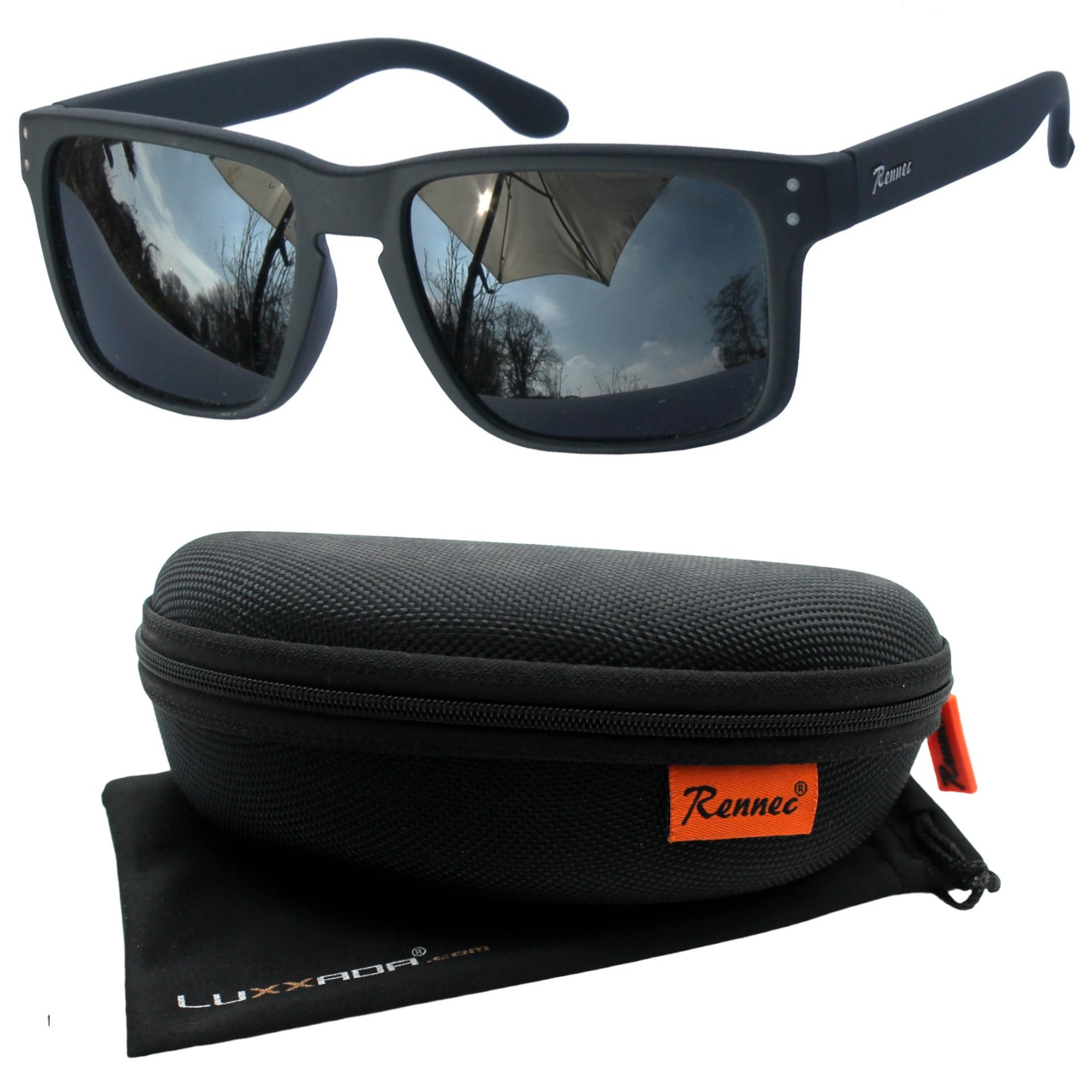 Rennec Sonnenbrille (Herren Brille mit Hardcase) Schwarz Getönt, 3in2 Bügel günstig online kaufen