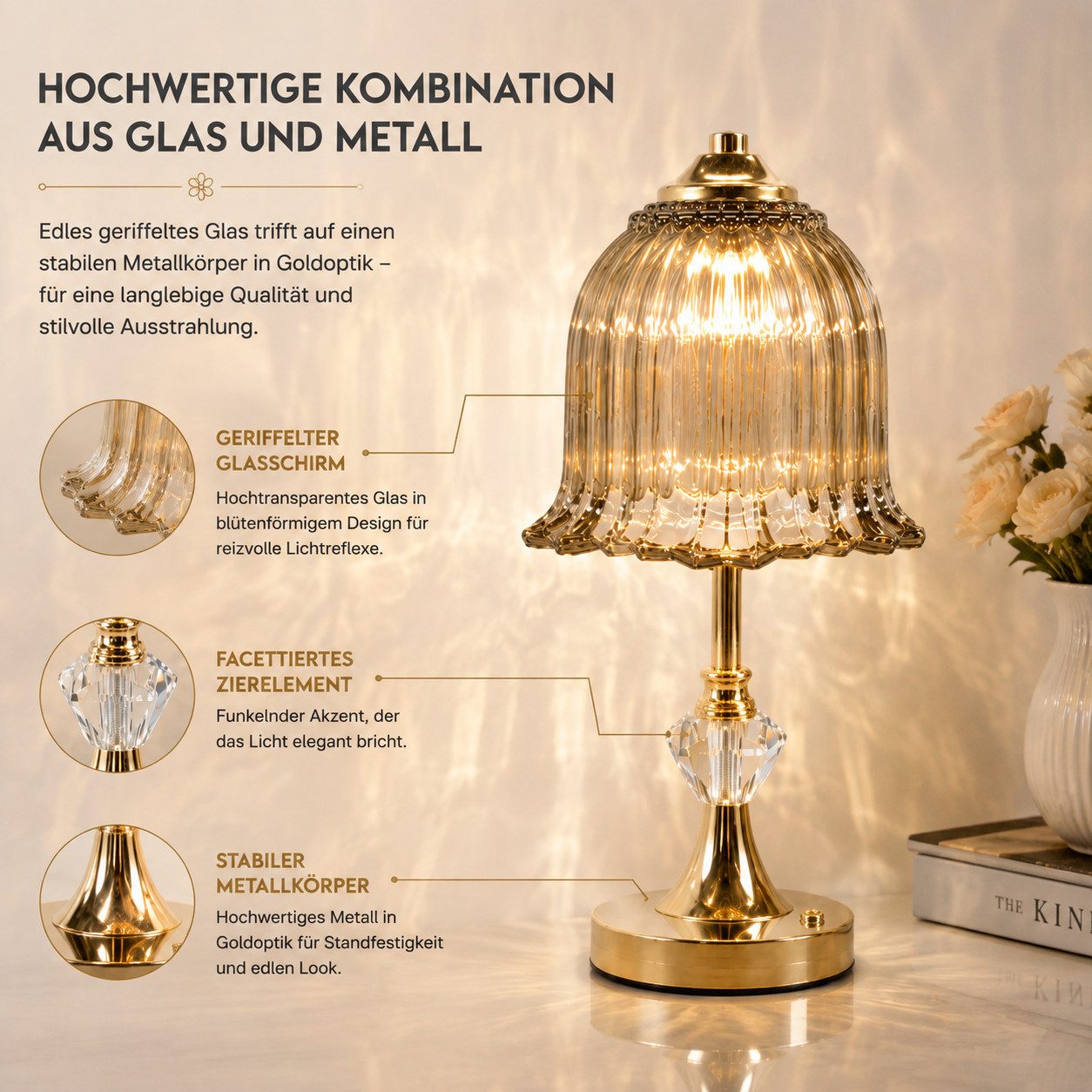 Fyrove LED Nachttischlampe LED-Tischleuchte mit Glasschirm, USB-C aufladbar, 3 Lichtfarben, Touch-Sensor, 20 LEDs, Retro-Blütendesign, Gold – Bild 4 von 5