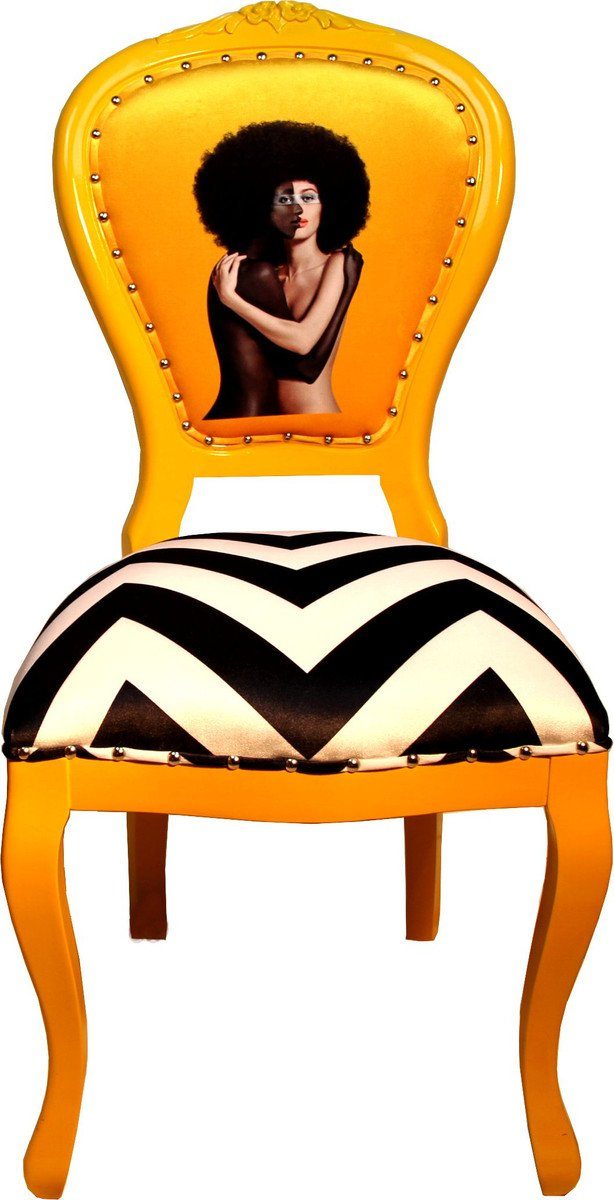Casa Padrino Esszimmerstuhl Barock Luxus Esszimmer Stuhl Schwarz / Weiß Streifen / Gelb - Designer Stuhl - Limited Edition