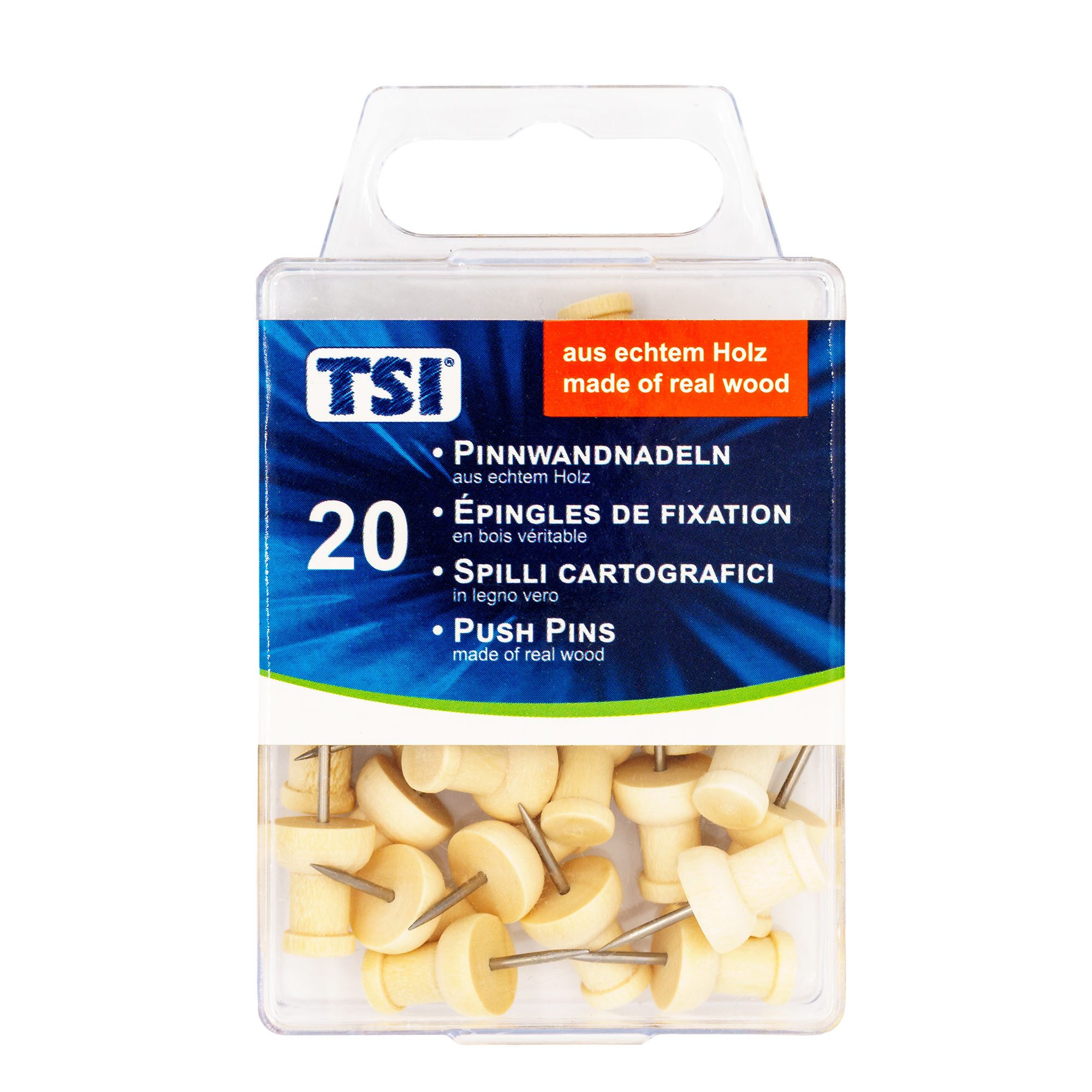 TSI Schreibwaren Pinnnadel Pinnwandnadeln Holz 20er Hängedose