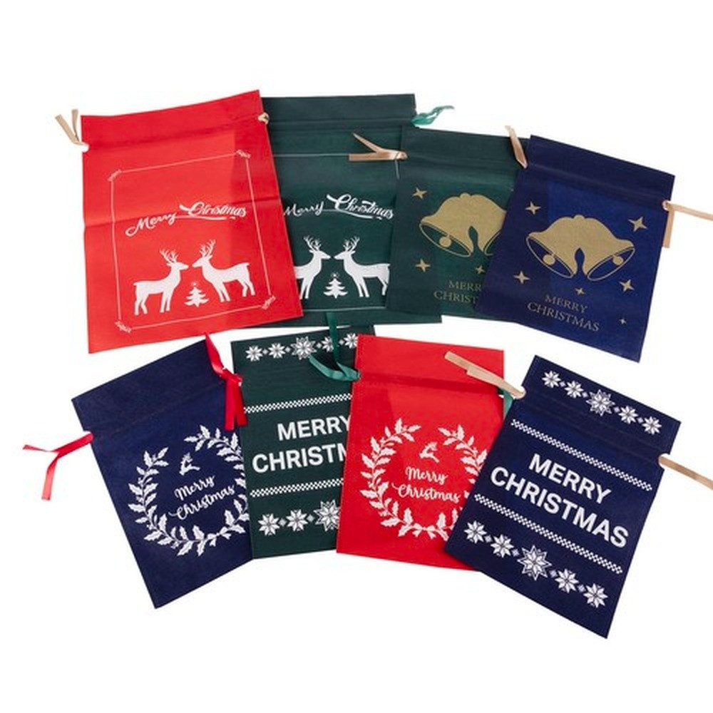 Ruhhy Geschenkbox Weihnachtstüten Dekosack (Spar-Set, 8 St., weihnachtlich), Rentieren, Sternen, Glocken und Frohe Weihnachten Aufdruck