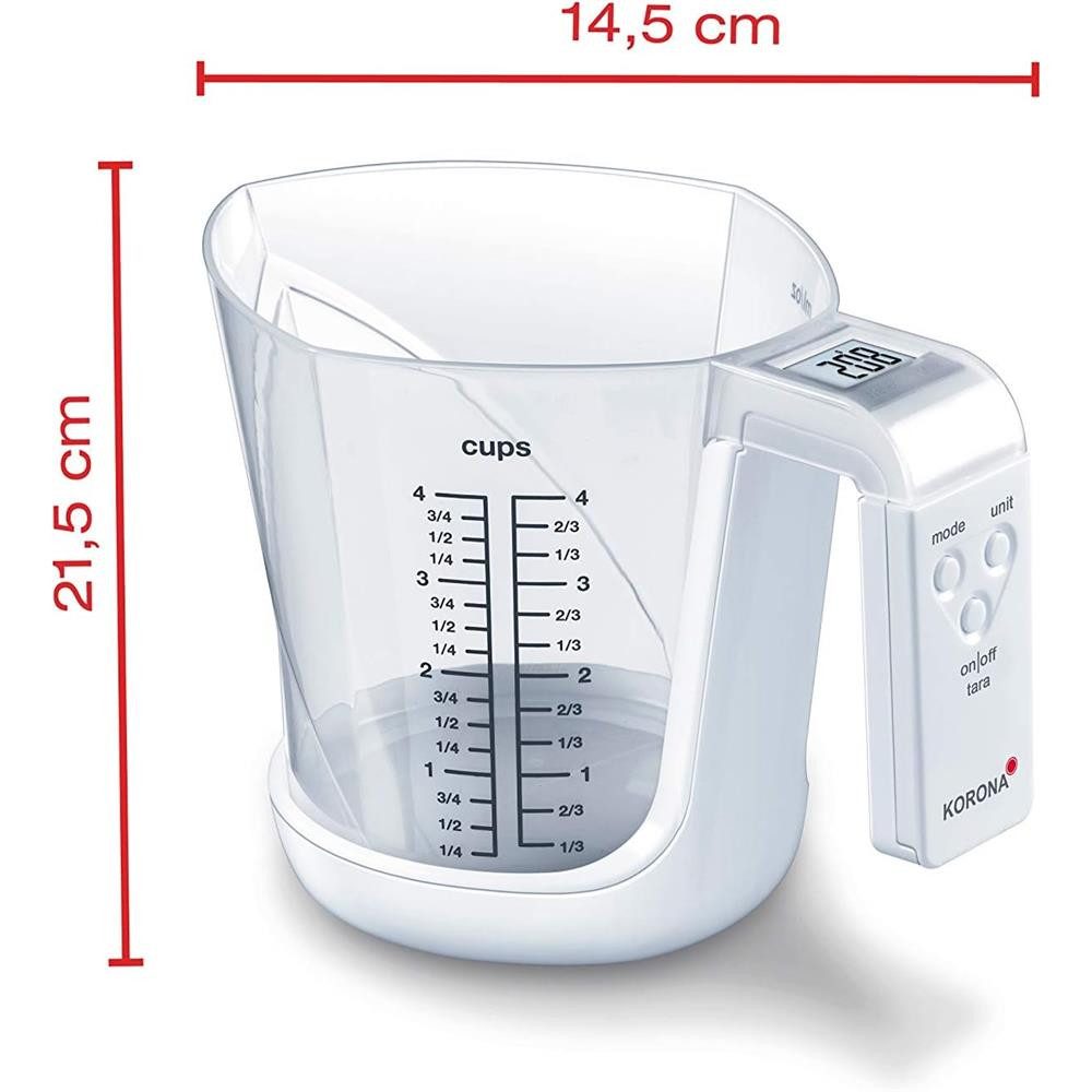 KORONA Küchenwaage Digitale Messbecherwaage MIA 1L Messbecher mit Waage, Haushaltswaage, LCD Display, Waage, Abschaltautomatik, weiß