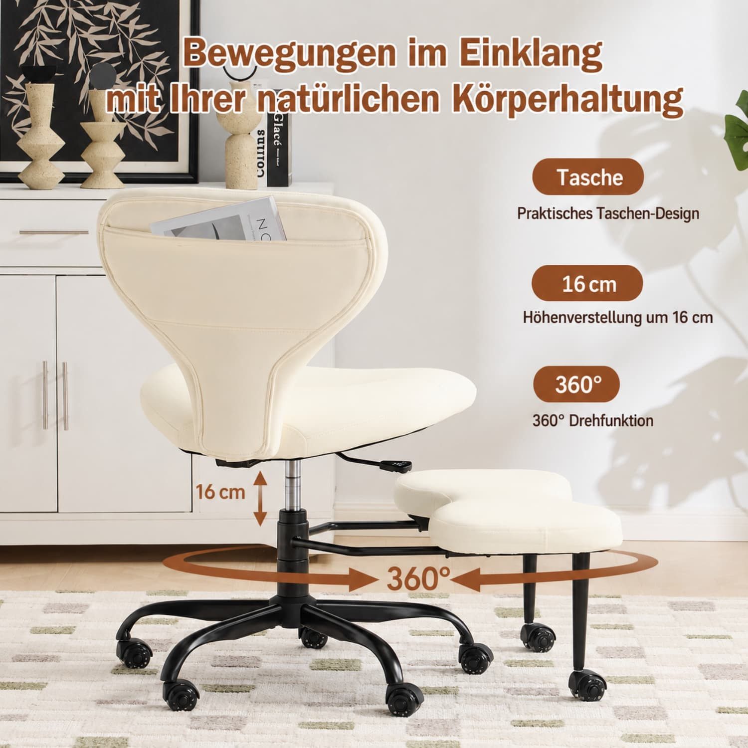 ANYSUN Bürostuhl Schneidersitz Stuhl mit ausziehbarer Fußstütze,höhenverstellbar,360° (1 St), Meditationsstuhl mit Verstellbare Rückenlehne,Rollen,Rückentasche, – Bild 2 von 5
