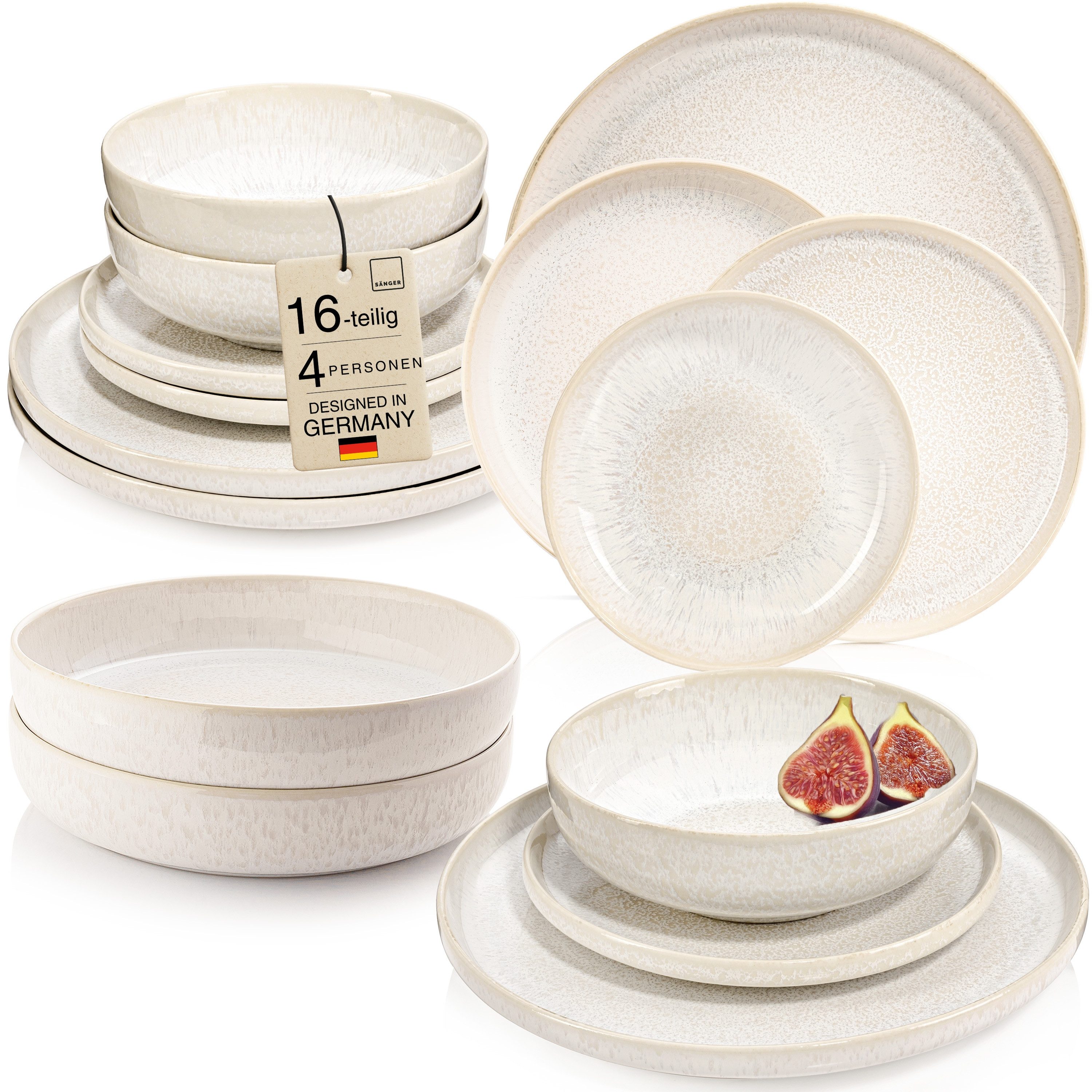 SÄNGER Geschirr-Set Korfu Geschirrset (12, 16, 24, 36 Teile) (16-tlg), 4 Personen, Steingut, Tafelserviceservice, Creme Beige, Handmade, Premium Collection