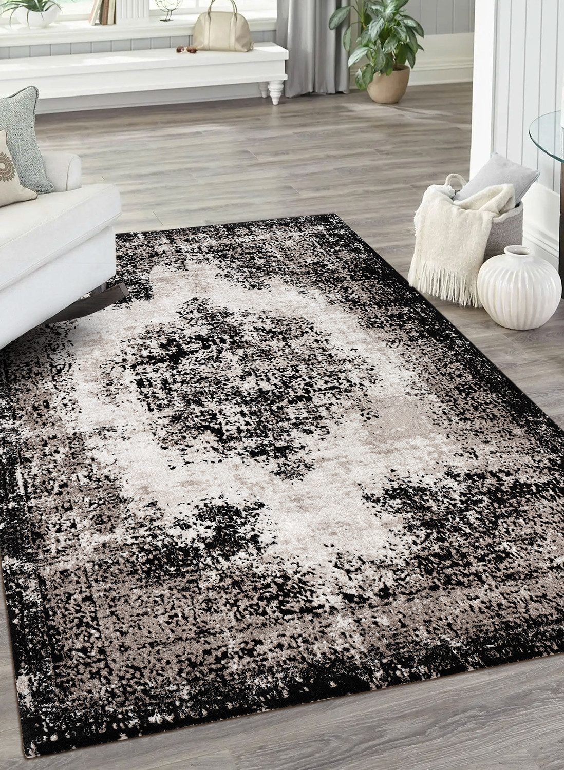 Carpetilla Designteppich Designer Wohnzimmer Teppich Schwarz-Cream, Rechteckig, Höhe: 13 mm, Wohnzimmer