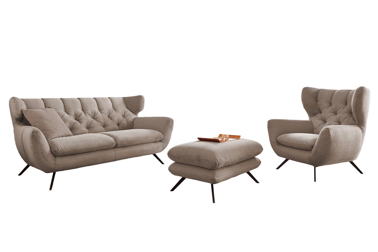 KAWOLA Sitzgruppe CHARME, Cord versch. 3-tlg), Sofa (Set, Farben taupe Sessel Hockerbank