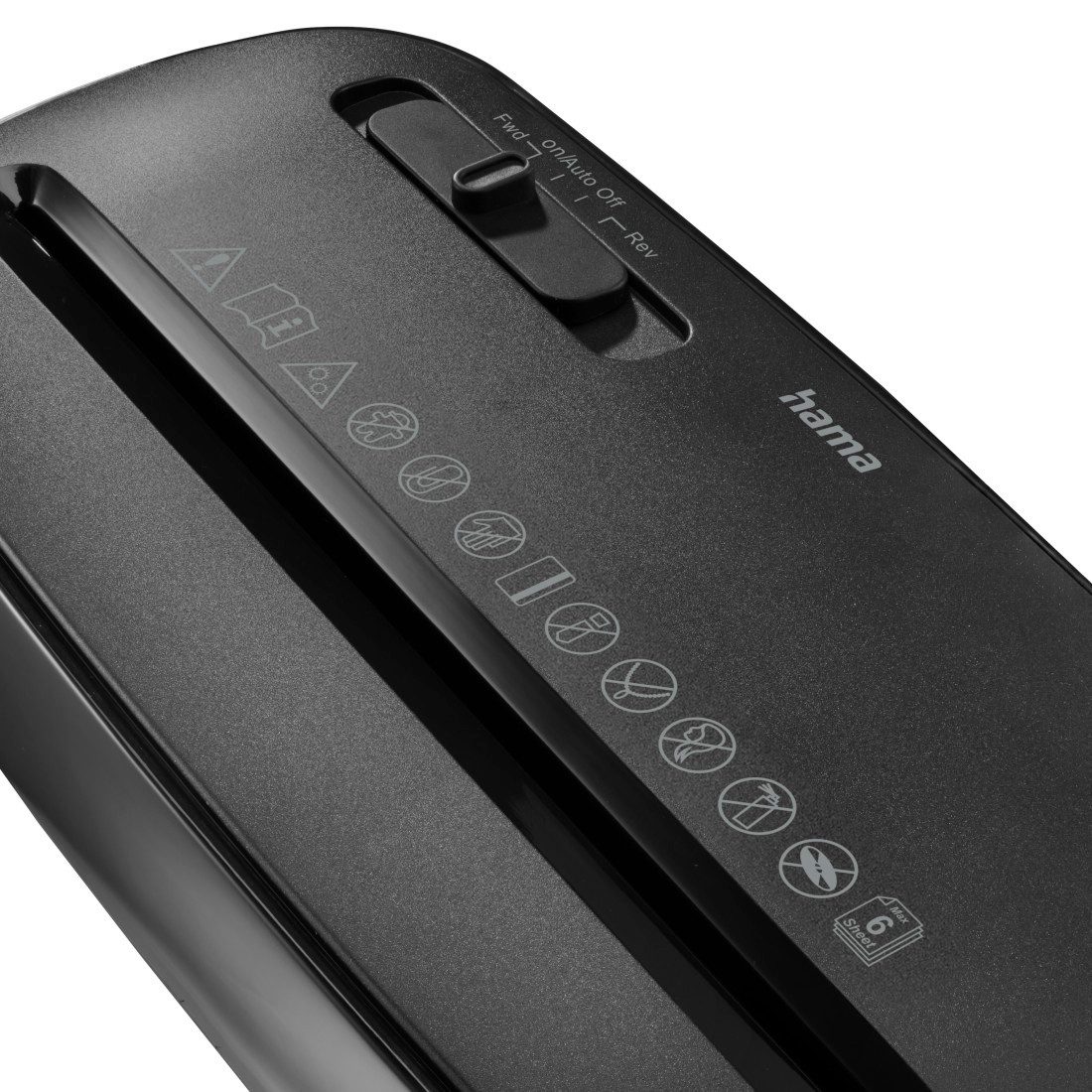 Hama Aktenvernichter Aktenvernichter Streifenschnitt (Papier + Plastik, Korb, 6 Blatt, P2), Mit Papierkorb, 6 mm Schnitzel, Automatik, Rücklauf