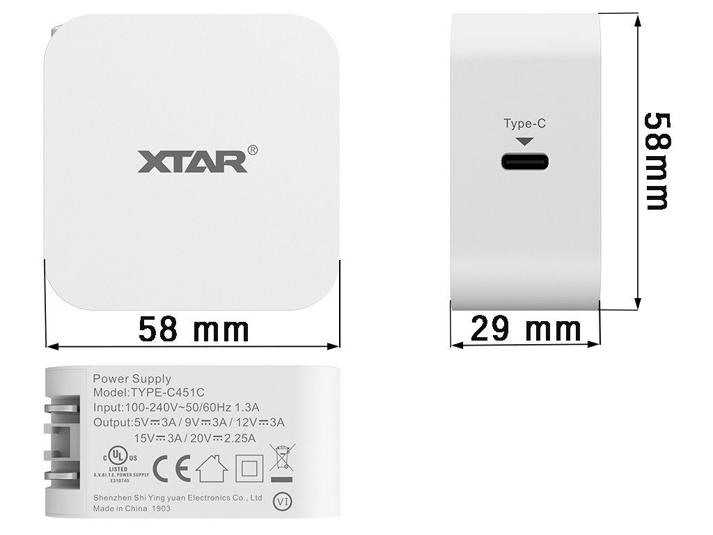 XTAR USB-PD Netzteil Ausgang: 20V/2.25A, 15V/3A, 12V/3A 9V/3A, 5V-3A USB-Ladegerät (1-tlg)