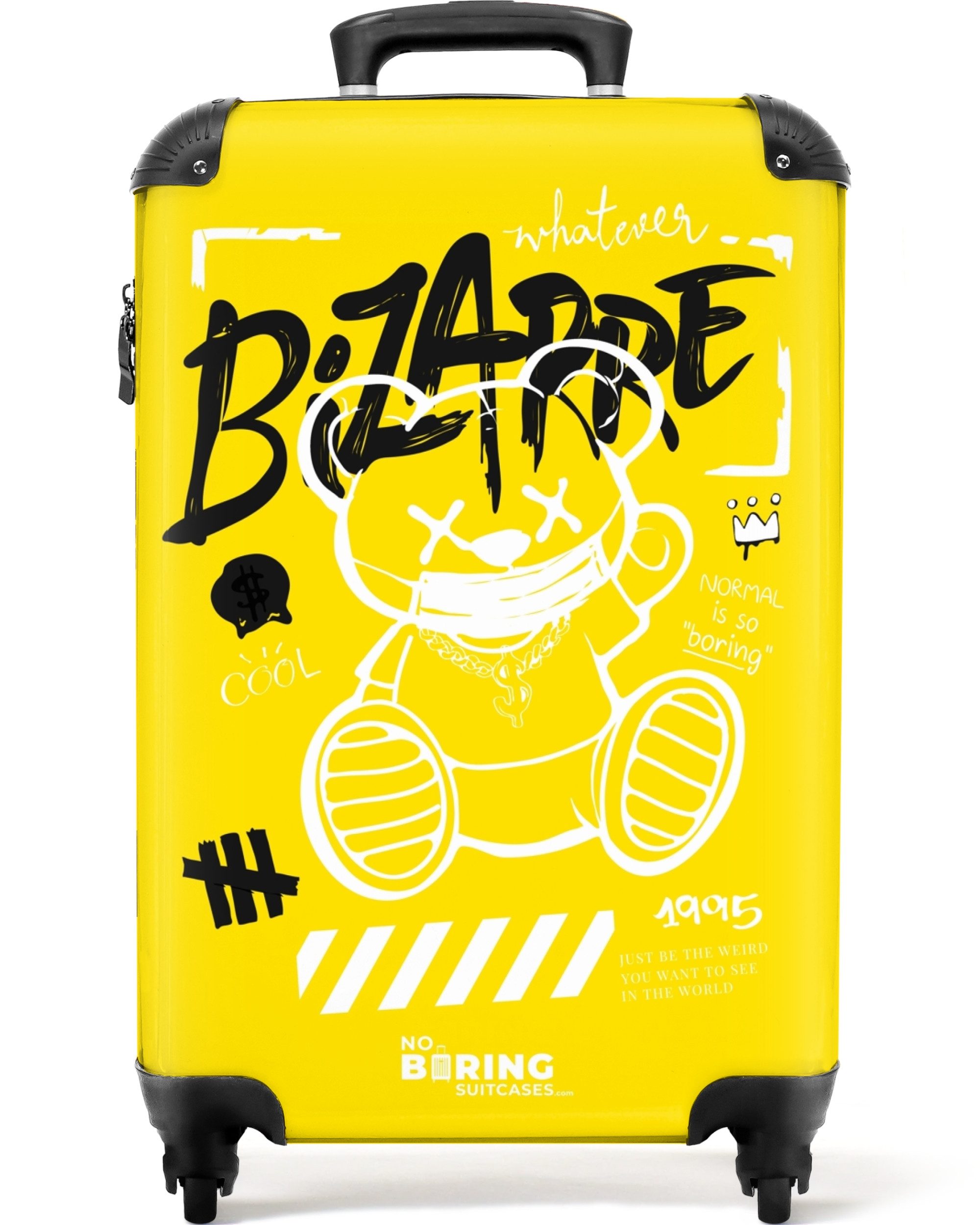 NoBoringSuitcases.com© Hartschalen-Trolley Graffiti-Kunst eines Teddys auf gelbem Hintergrund 55x35x20cm, Reisetasche mit Rollen, Koffer Handgepäck Flugzeug