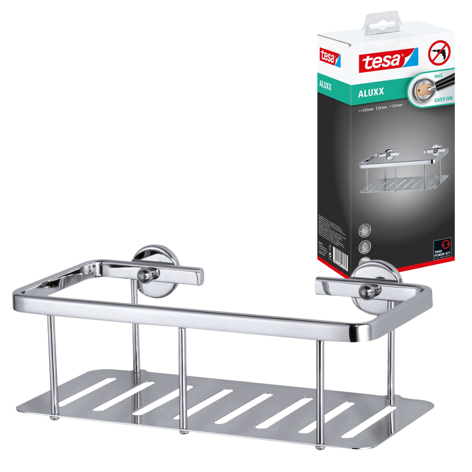 tesa Duschablage ALUXX Duschablagekorb ohne Bohren - 9,2 cm : 25 cm : 12,5 cm, Packung 1-tlg., selbstklebend - Hängeregal für die Dusche - chrom - silber glänzend