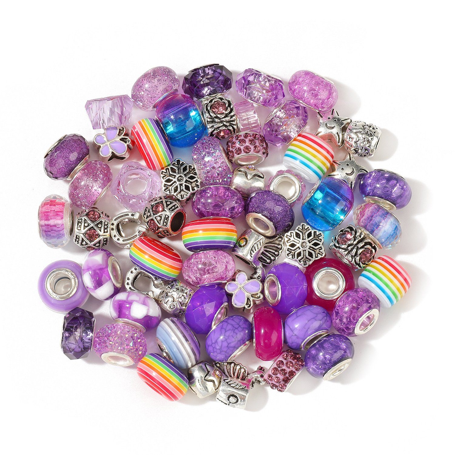 Kopper-24 Bastelperlen Großlochperlen Glasperlen Charm Mix mit 60 Perlen, Lila