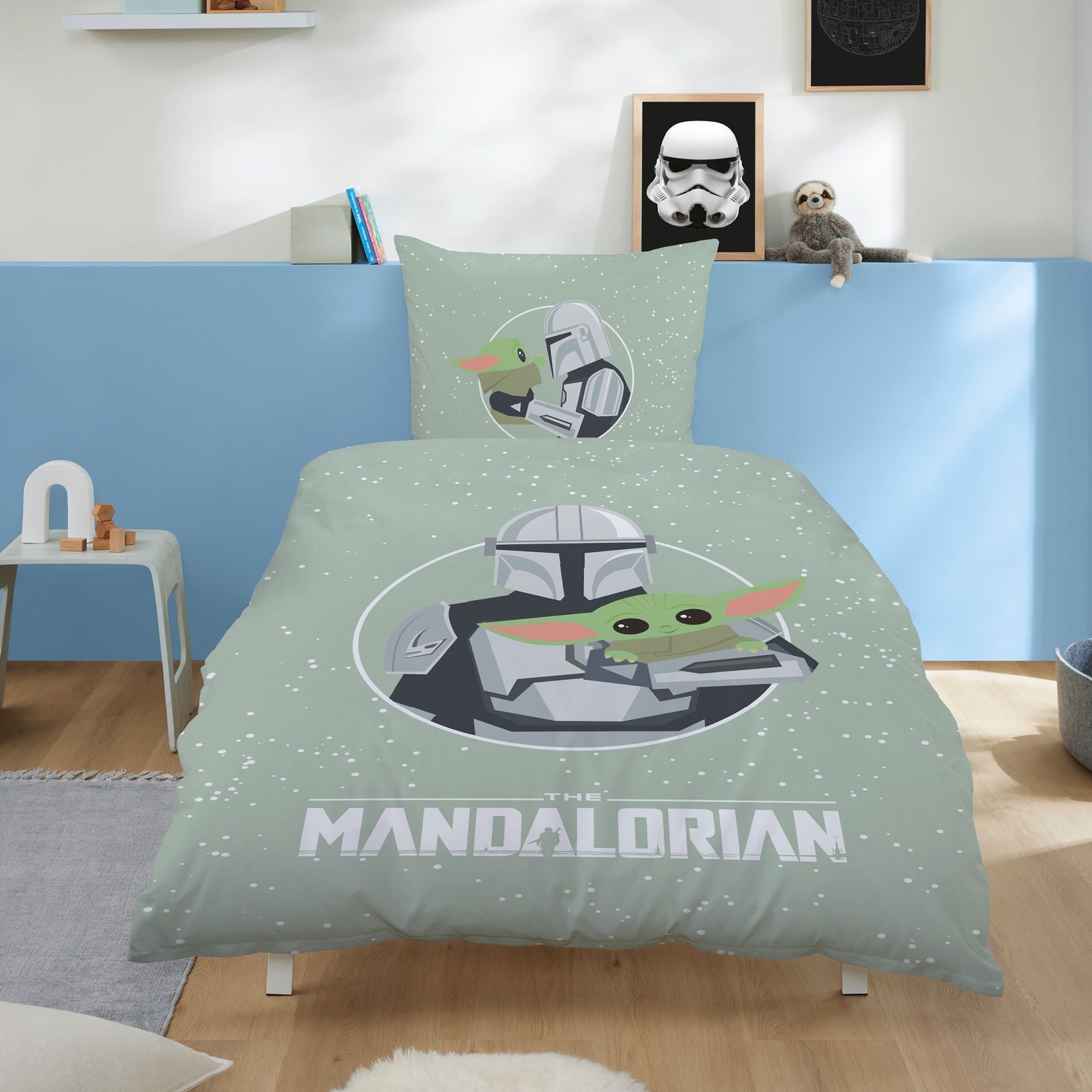Familando Kinderbettwäsche Star Wars "The Mandalorian & Grogu" 135x200 80x80cm 100% Baumwolle, Renforcé, 2 teilig, mit Reißverschluss