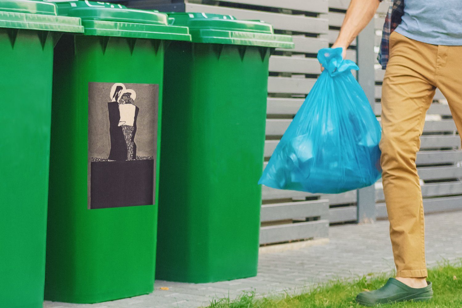 Männer mit Abfalbehälter Zwei Mülleimer-aufkleber, Sticker, Wandsticker St), MuchoWow Egon Schiele Container, - (1 Nimben Mülltonne,