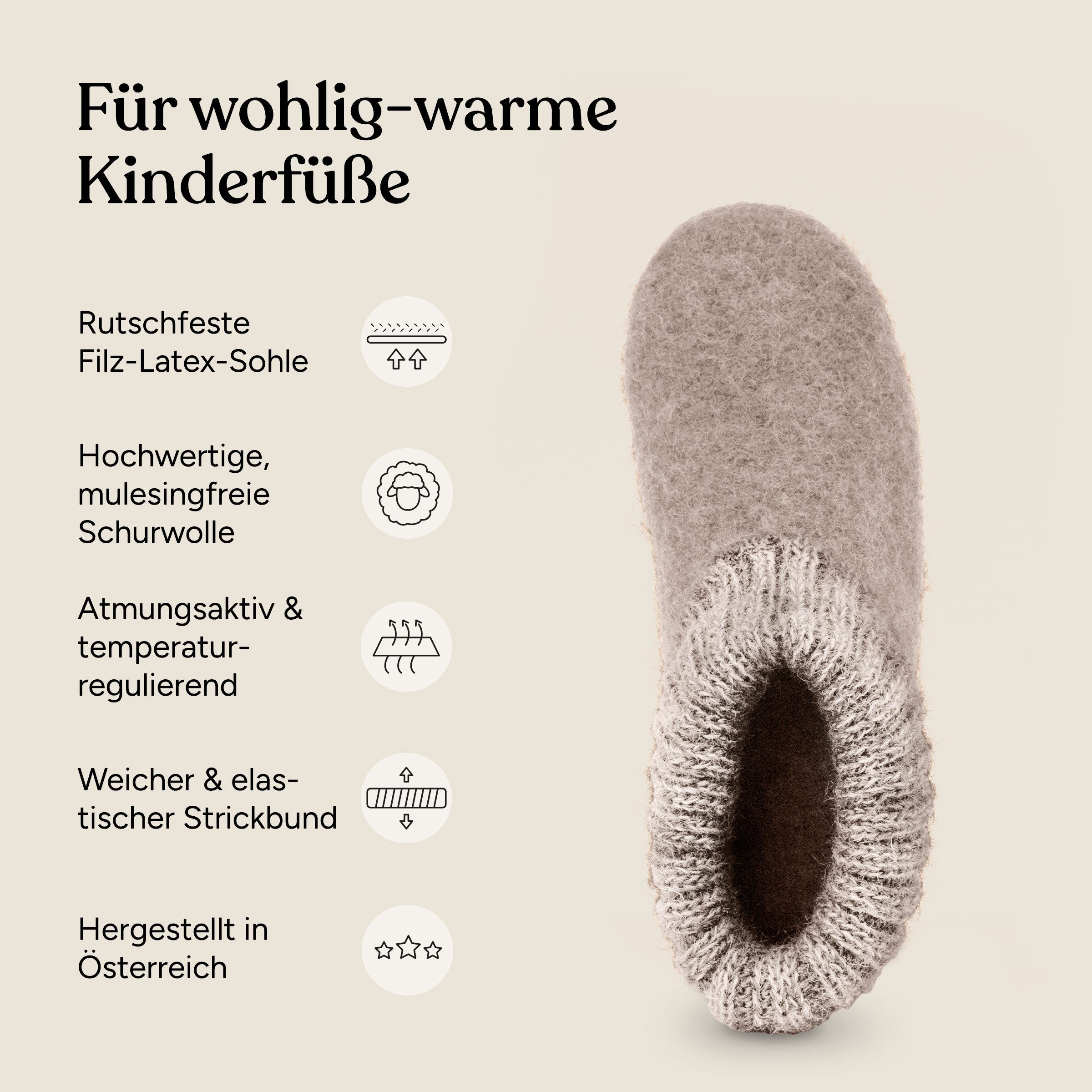 Ehrenkind Gemütliche Kinder-Hausschuhe aus reiner Schurwolle, Rutschfest Hüttenschuhe (atmungsaktiv & temperaturregulierend, Hüttenhausschuhe, Hüttenschuhe Kind – Bild 3 von 5
