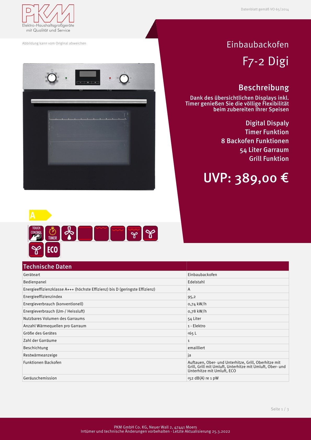PKM Einbaubackofen PKM Einbaubackofen F7-2 Digi mit Display und Timer, 8 Funktionen, mit Backauszug, Digital Display, Timer Funktion, 8 Backofen Funktionen, 54 Liter