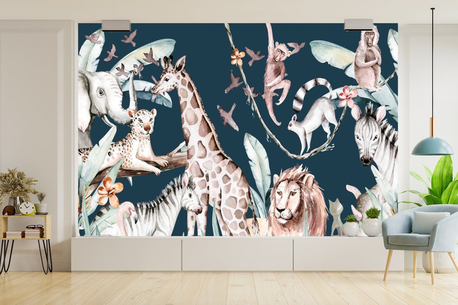 MuchoWow Fototapete Wasserfarben - Blau Vinyl Schlafzimmer, Wallpaper Tiere St), - (6 Wohnzimmer, Jungen - - - Elefant Kinderzimmer, Kinder -, für - Tapete Flamingo Matt, bedruckt