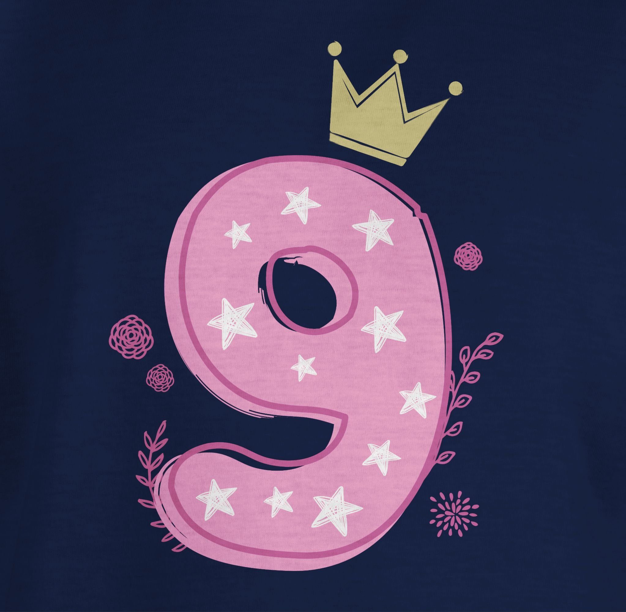 Mädchen T-Shirt Neunter 9. Geburtstag Shirtracer Dunkelblau Sterne 1 Krone