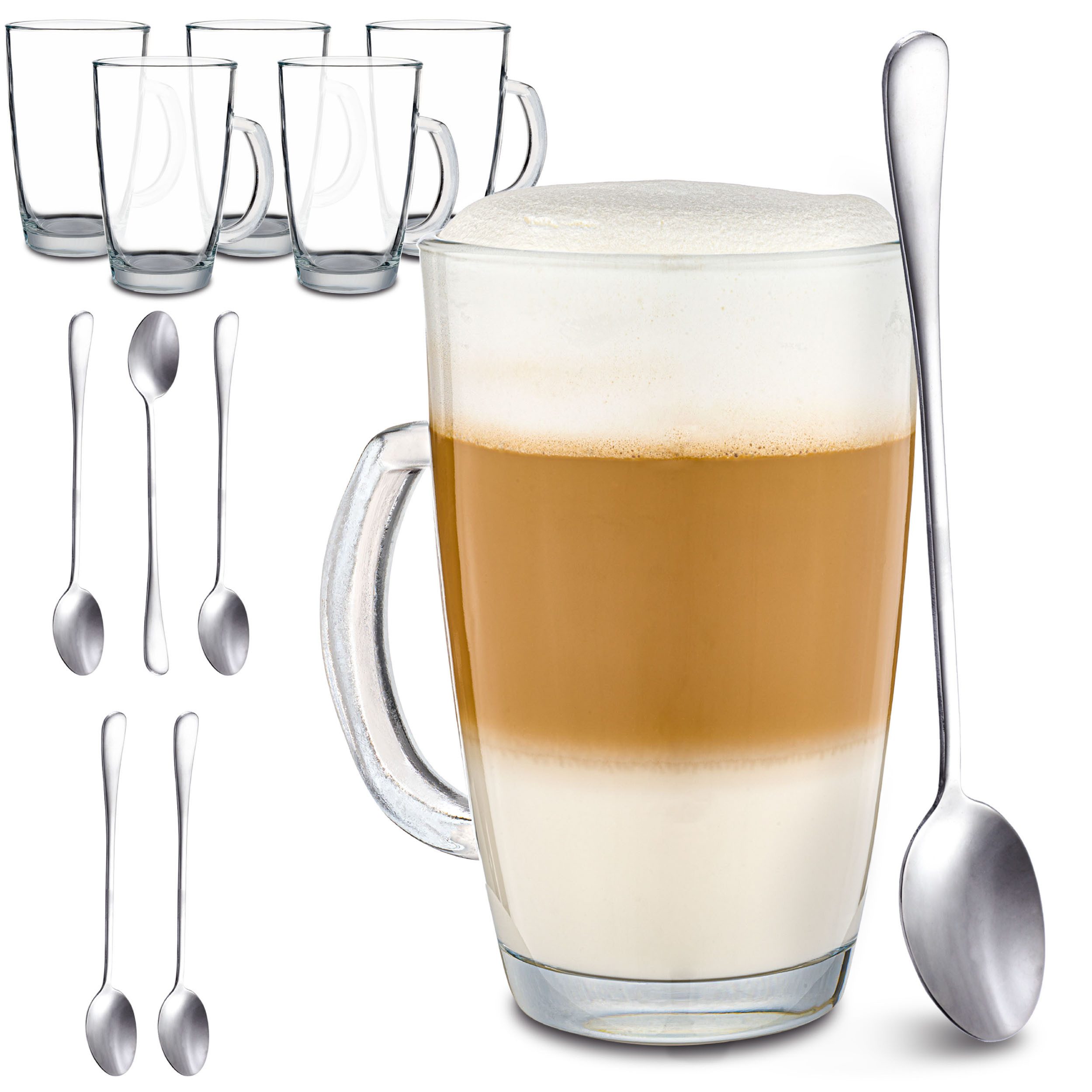 Cosumy Latte-Macchiato-Tasse 6er Latte Macchiato Gläser Set mit Henkel und Löffel - 300ml, 6-tlg., Glas, warm