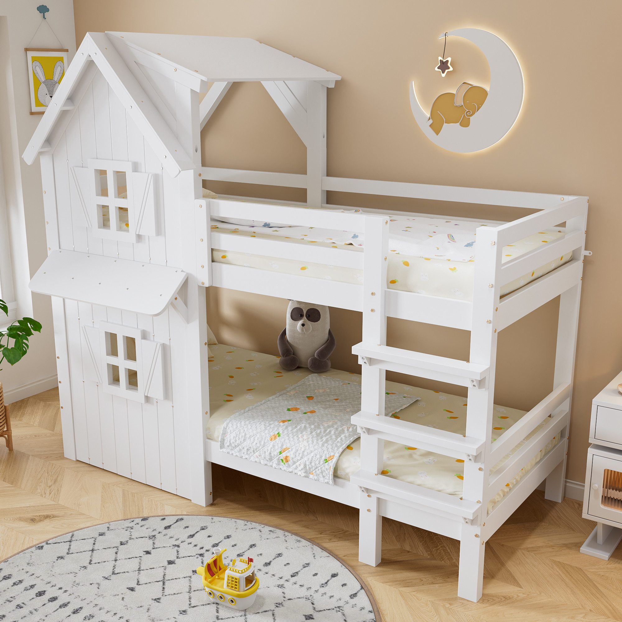 Merax Etagenbett mit Dach & Fenstern (1-St., Jugendbett Stockbett Doppelbett Hausbett), Kiefer Kinderbett 90x200cm mit seitlichen Sicherheitsgeländern, Leiter