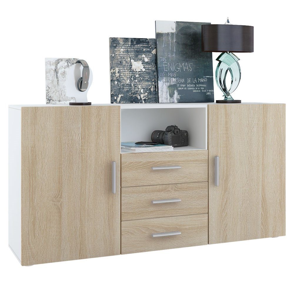 Vladon Sideboard Skadu (Kommode, mit 2 Türen, 3 Schubladen und 1 offenem Fach), Weiß matt/Eiche sägerau (138,5 x 71,5 x 35 cm)