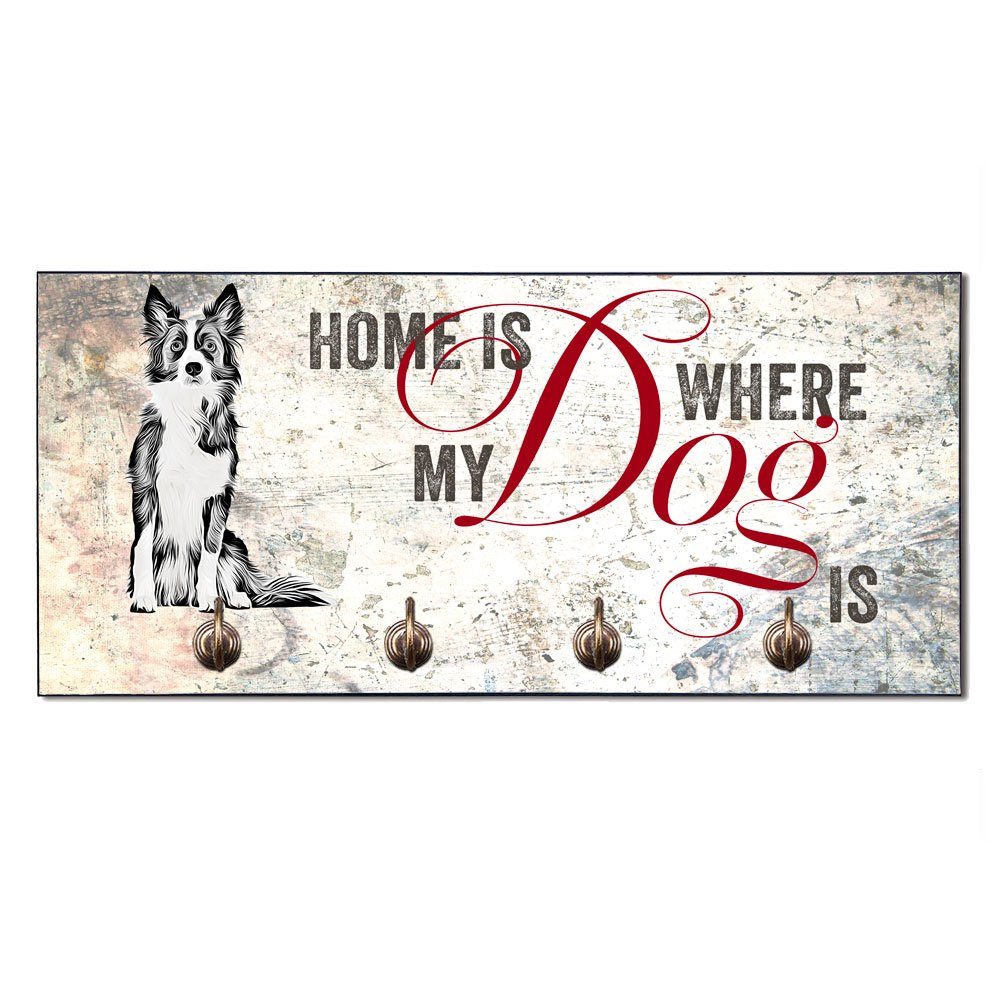 Cadouri Wandgarderobe BORDER COLLIE Hundegarderobe - Wandboard für Hundezubehör (Garderobe mit 4 Haken), MDF, mit abgeschrägten Ecken, handgefertigt, für Hundebesitzer