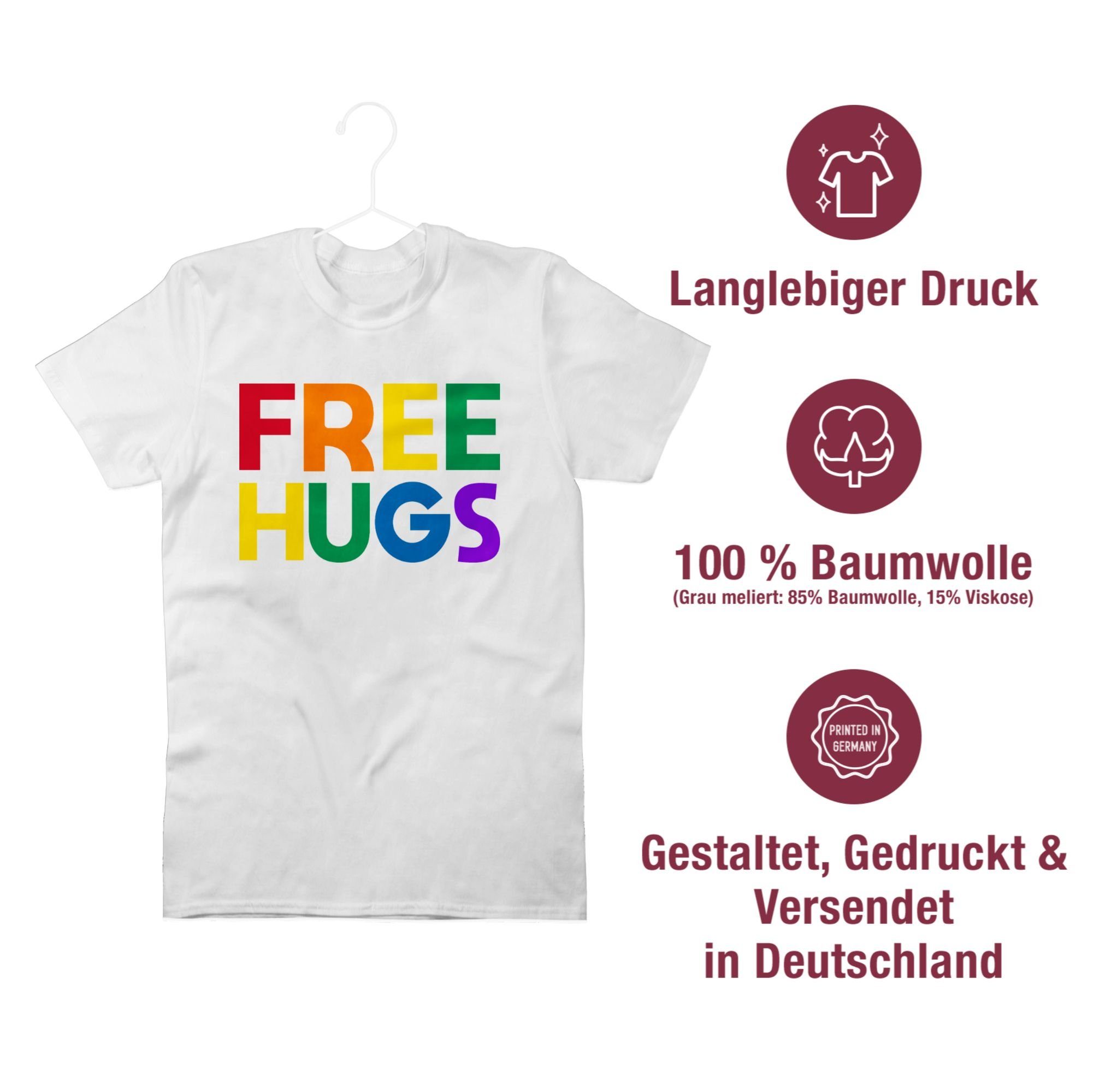 Shirtracer T-Shirt Free Hugs - Lettering LGBT Kleidung 2 Schriftzug Weiß
