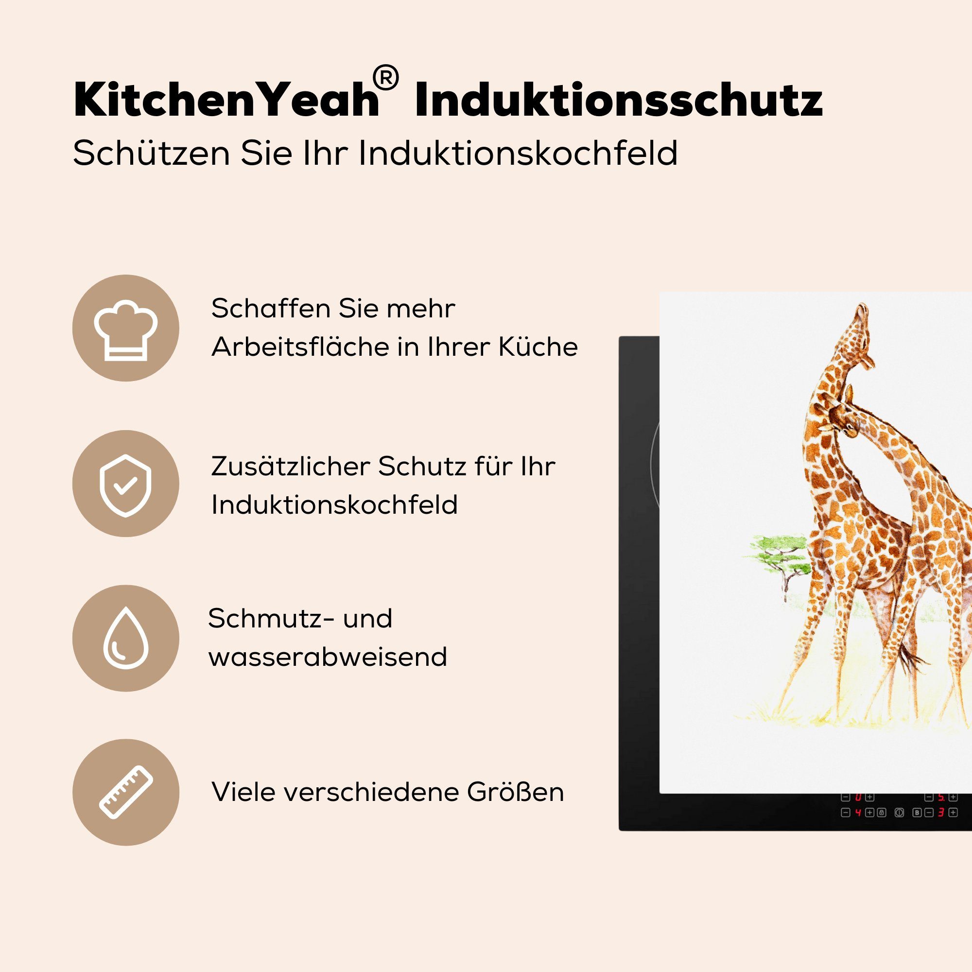 MuchoWow Herdblende-/Abdeckplatte Giraffe Arbeitsplatte (1 Baum - für - küche Aquarell, 78x78 tlg), Ceranfeldabdeckung, cm, Vinyl