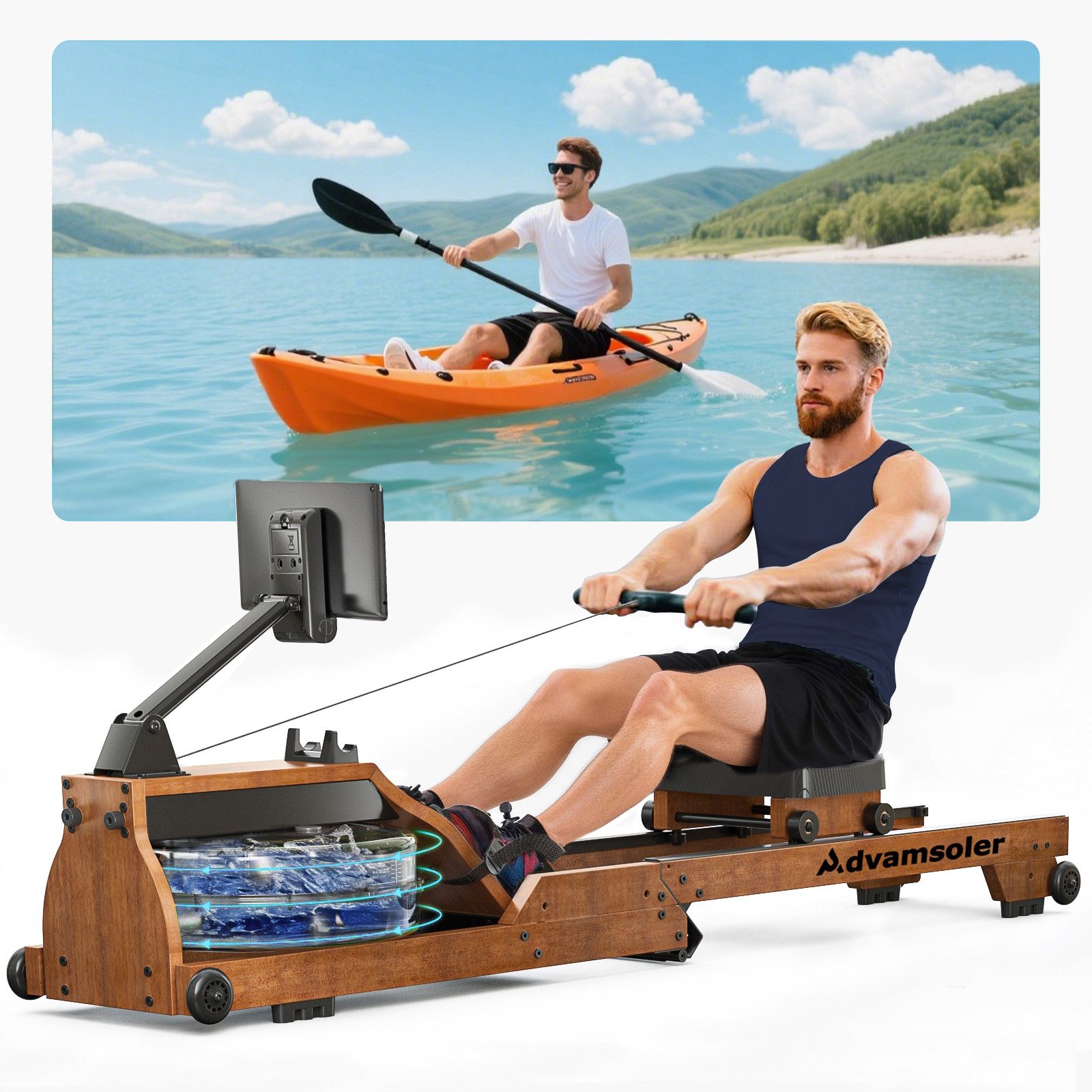 Advamsoler Rudergerät Hochwertiges Faltbares Wasserrudergerät aus Massivholz für Zuhause (1-tlg), Mit Professionellem Bluetooth-Monitor & Tablet-Halter