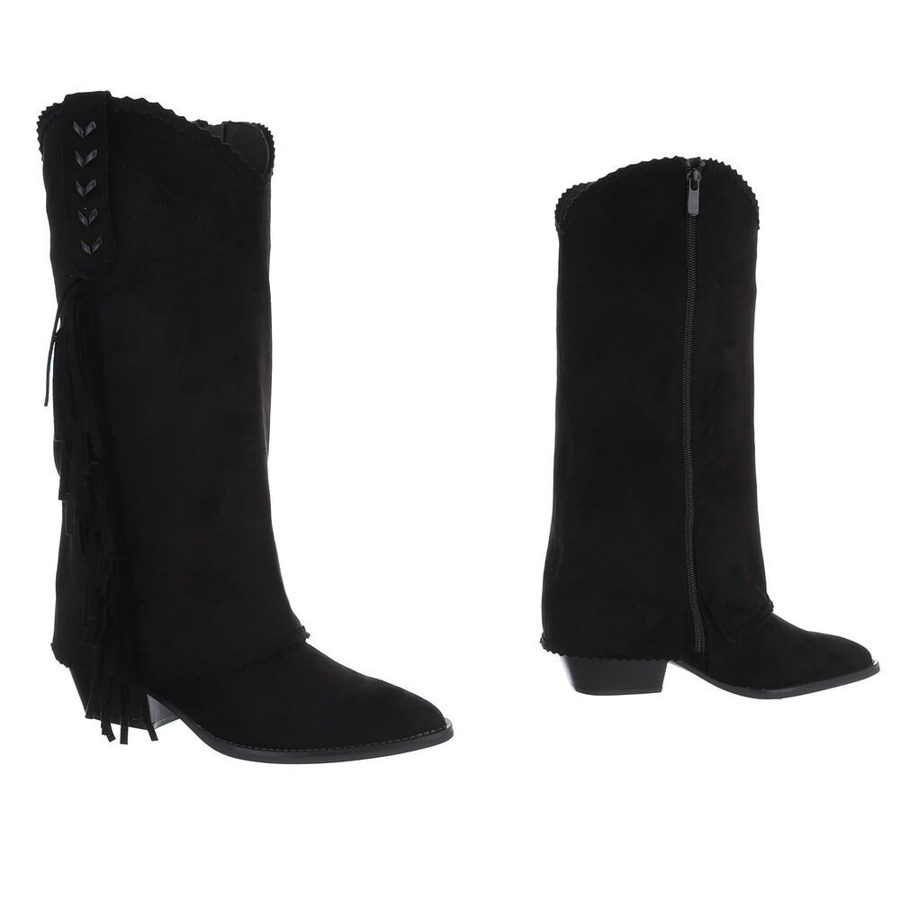 Ital-Design Modische Damen Cowboy-Stiefel mit Fransen und Komfort Westernstiefel (90793540) Blockabsatz Stiefel in Schwarz – Bild 4 von 5