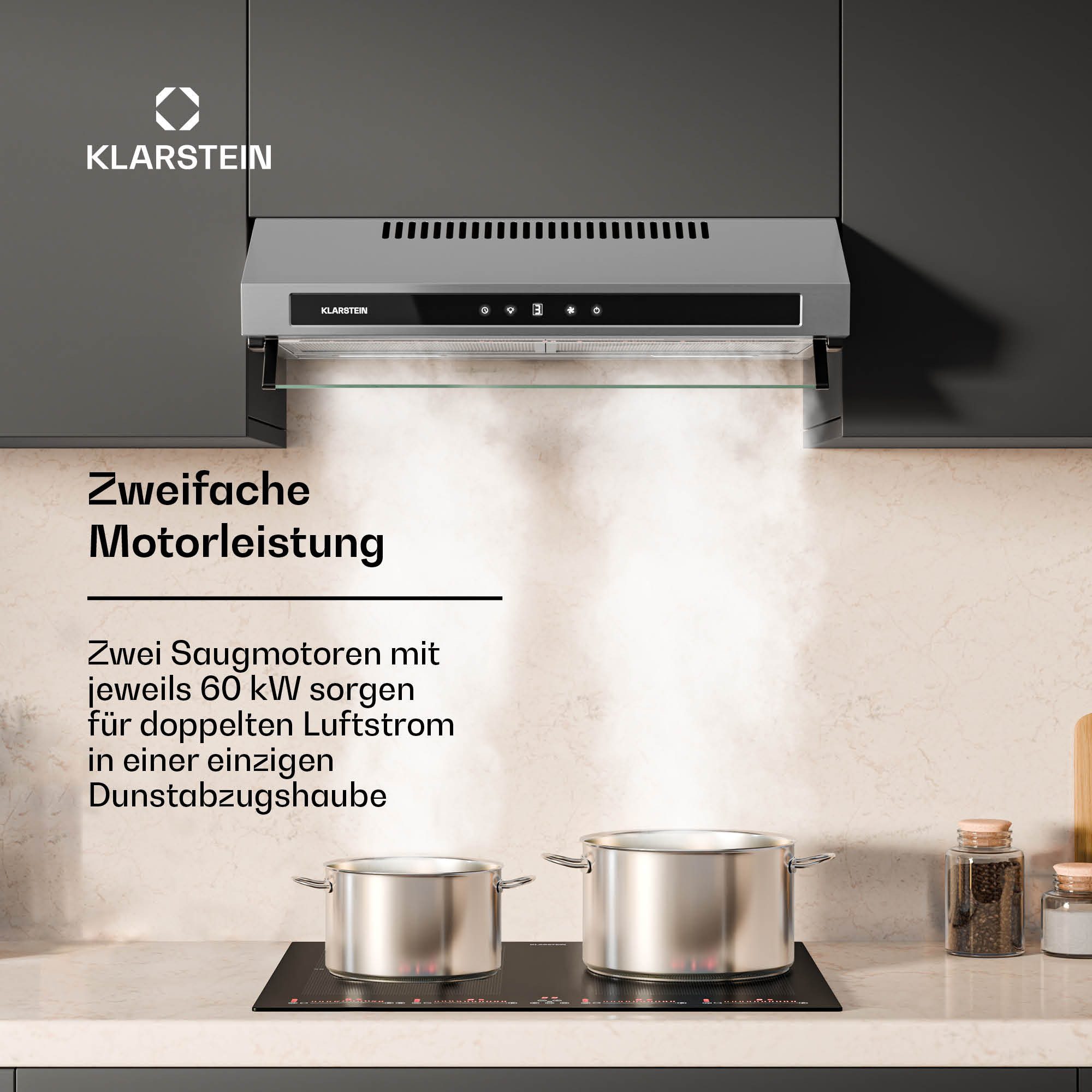 Klarstein Deckenhaube Serie TK15_Puris.For._60SS, Dunstabzugshaube Küche Abzughaube Abluft Umluft Edelstahl LED