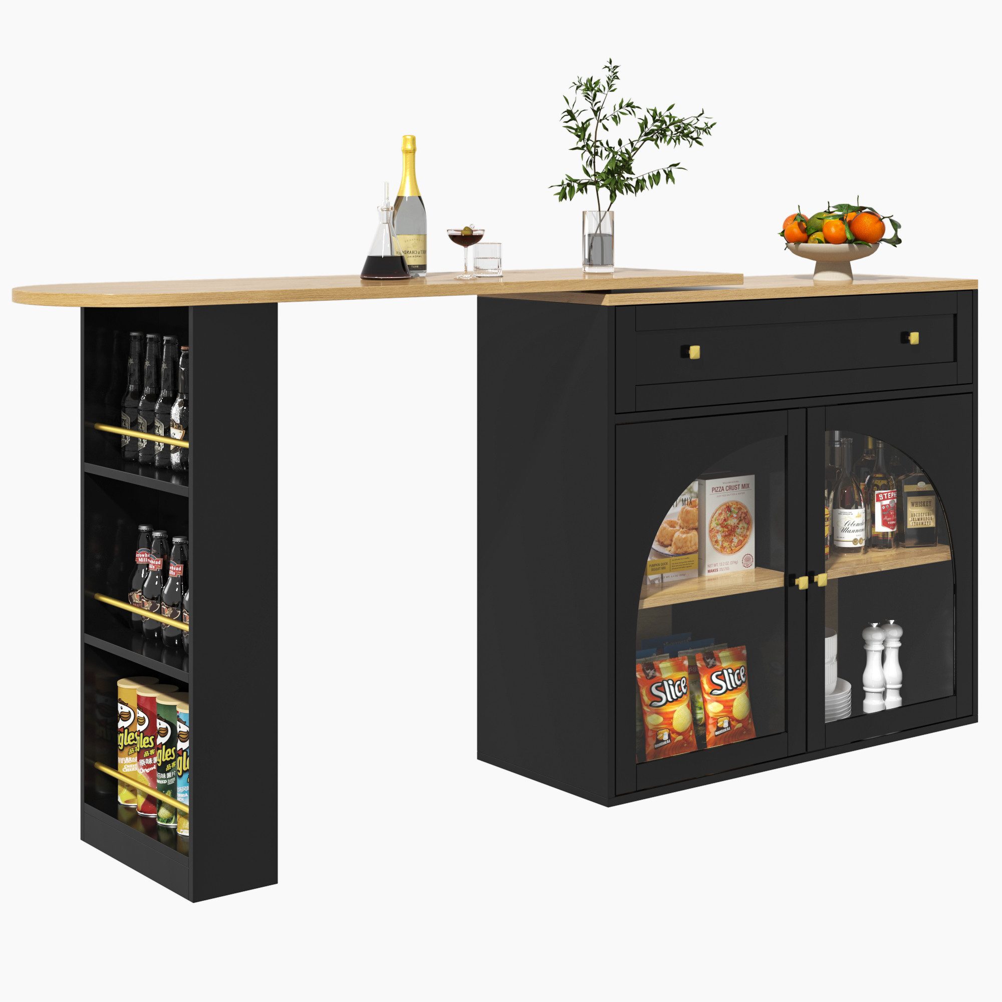 i@home Bartisch Essbar,Kücheninsel,Bistro Table,weiß /schwarz (Packung set, 1 Tisch), 360° drehbare,mit Stauraum und Sideboardschrank,138-204×39×104cm