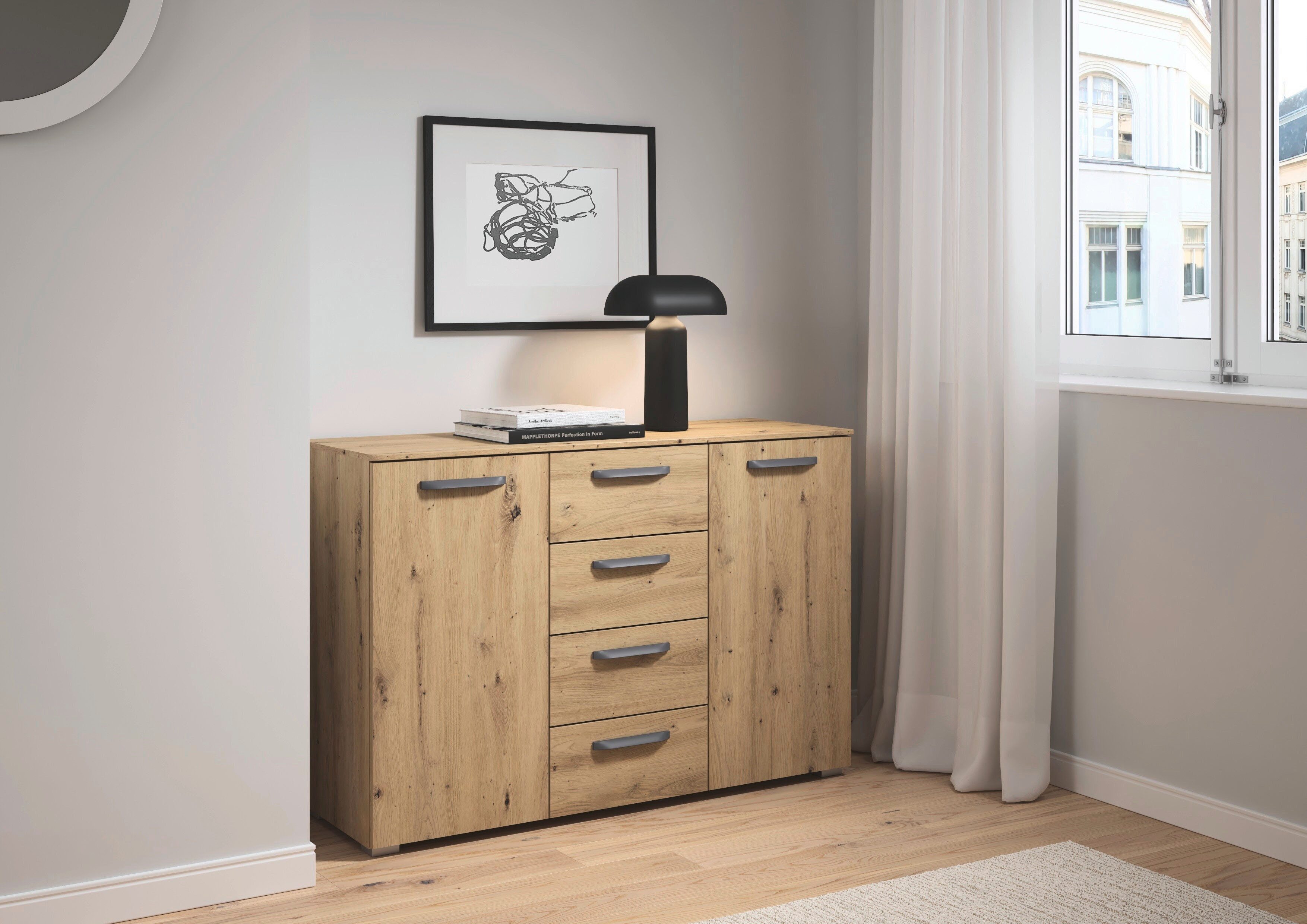rauch Kombikommode Sideboard Schubladenkommode OTELI mit Dekor- und Hochglanzfront (Breite 120 cm inkl. Soft-Close-Funktion), vier große Schubladen und 2 Türen, mit 4 Einlegeböden MADE IN GERMANY