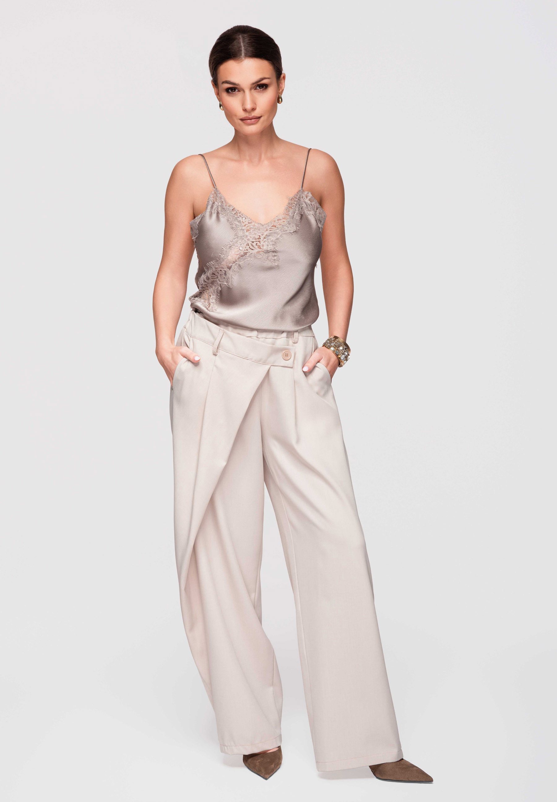OMBRE Palazzohose Damen Wide Leg Hose High Waist Elegant (kein Set, 1-tlg) Asymmetrische Falten vorne