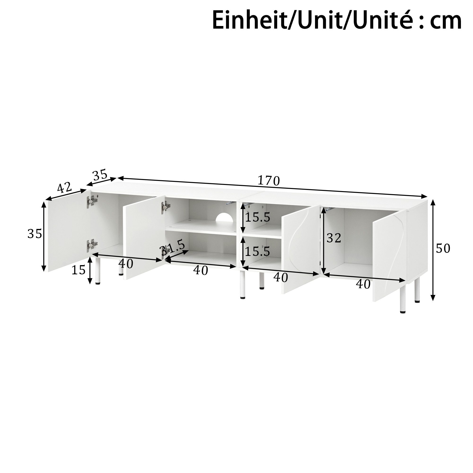 Merax Lowboard mit 3D Wellenfront & Push-to-Open (170 L x 35 B x 50H(cm), 1 St., Fernsehtisch), TV-Schrank mit 4 Türen, Kabeldurchlass, Metallfüßen, Stauraum – Bild 5 von 5