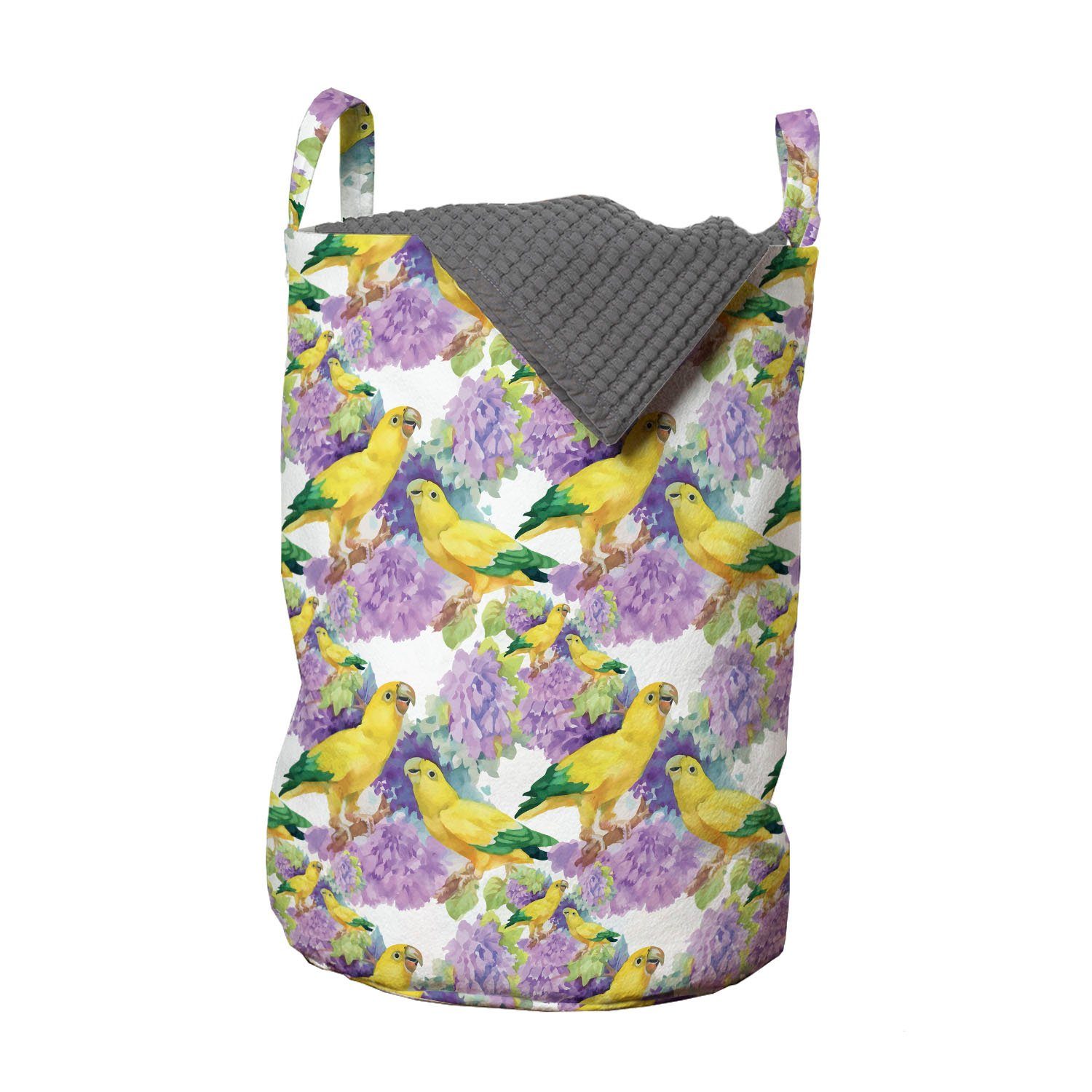 Abakuhaus Wäschesäckchen Wäschekorb mit Griffen Kordelzugverschluss für Waschsalons, Blumen Tropical Yellow Parrot Vögel