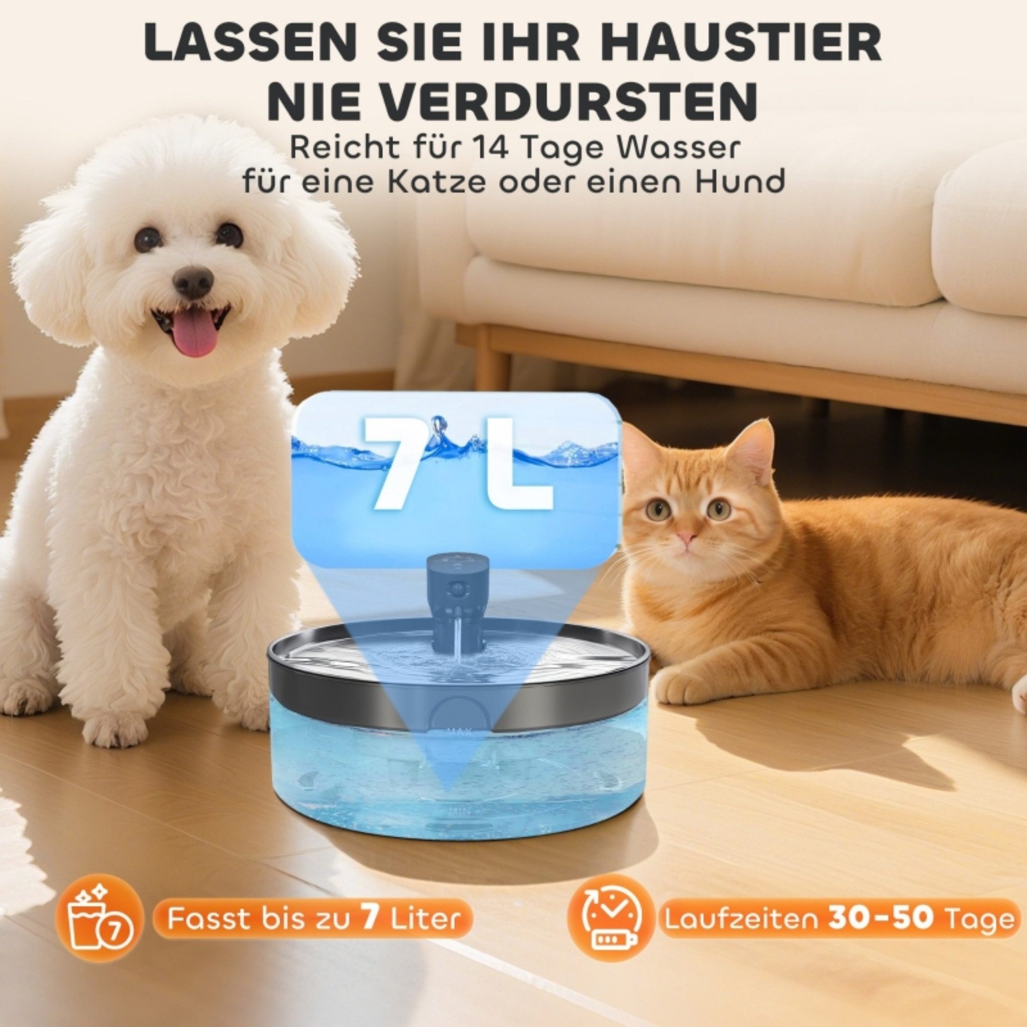 Blossom Trinkbrunnen Katzenbrunnen 7 L mit Edelstahl-Oberfläche, leise Pumpe, kabellos 7 l, Trinkbrunnen für Katzen Hunde Aktivkohlefilter LED-Wasserstandsanzeige