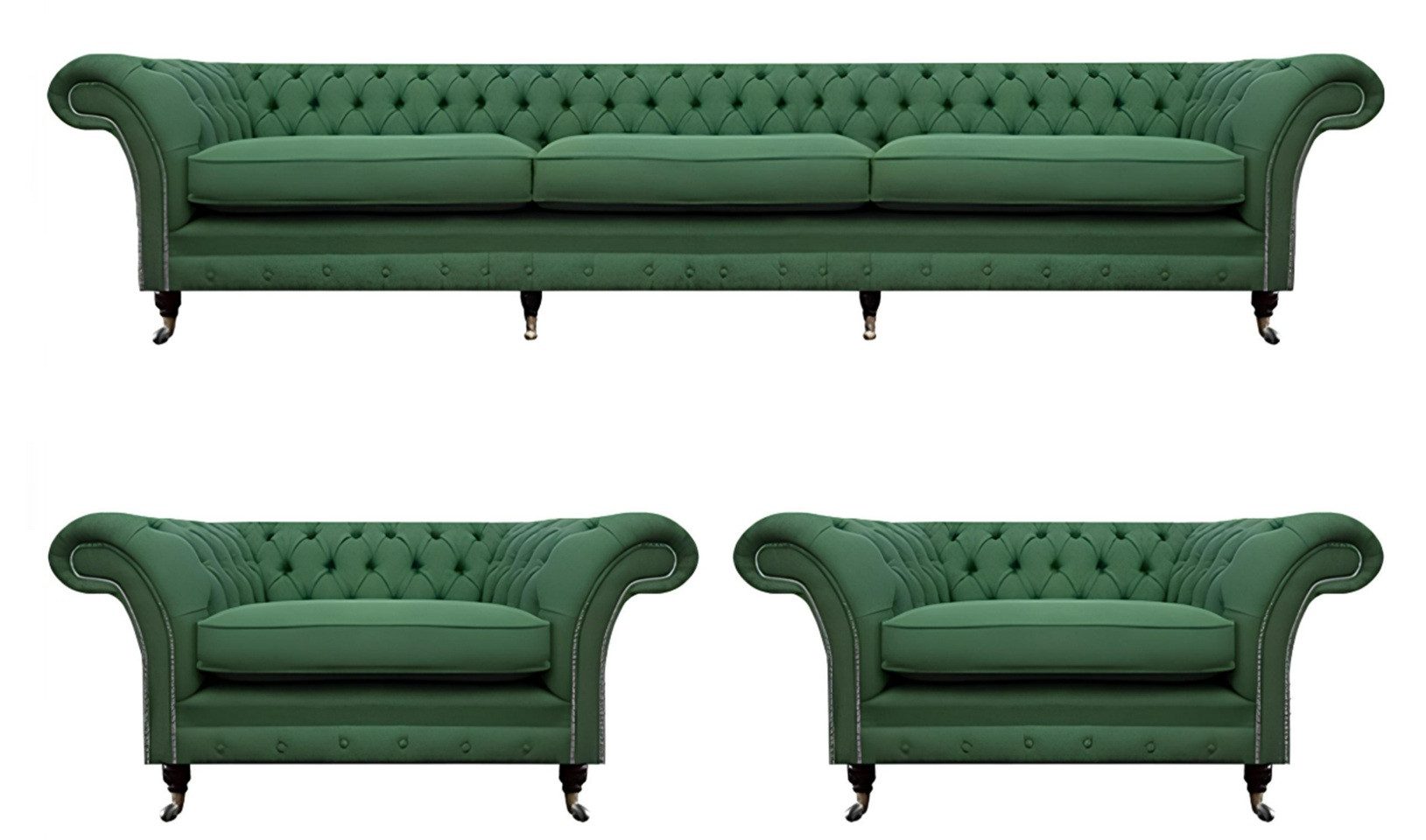 Xlmoebel Chesterfield-Sofa Set Wohnzimmer Grün 3-Sitzer Sofa 2x Sessel, 3 Teile, Hergestellt in Europa