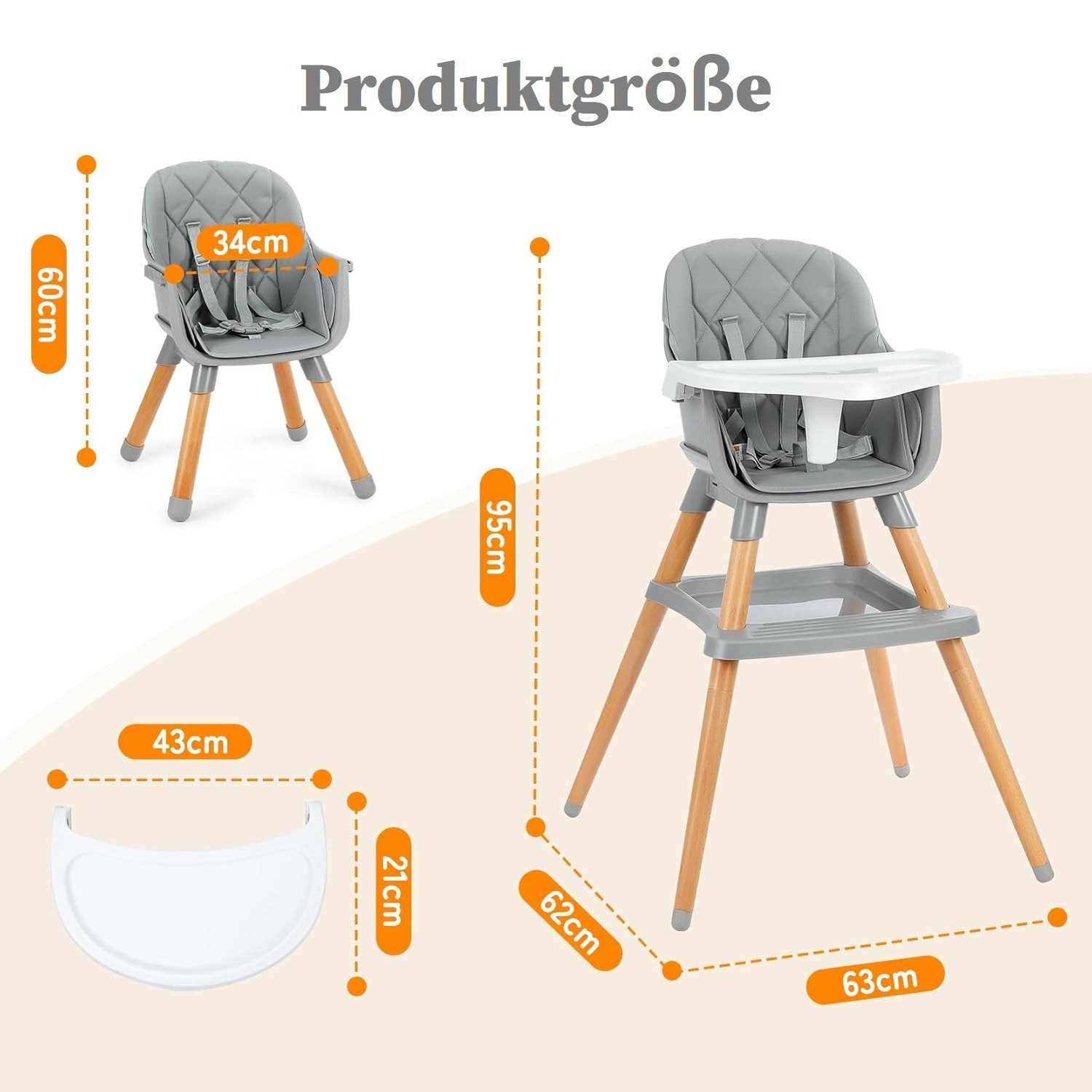Ezebaby Kinderstuhl 6-in-1 multifunktionaler Kinderstuhl, mit Ablage, Barhocker