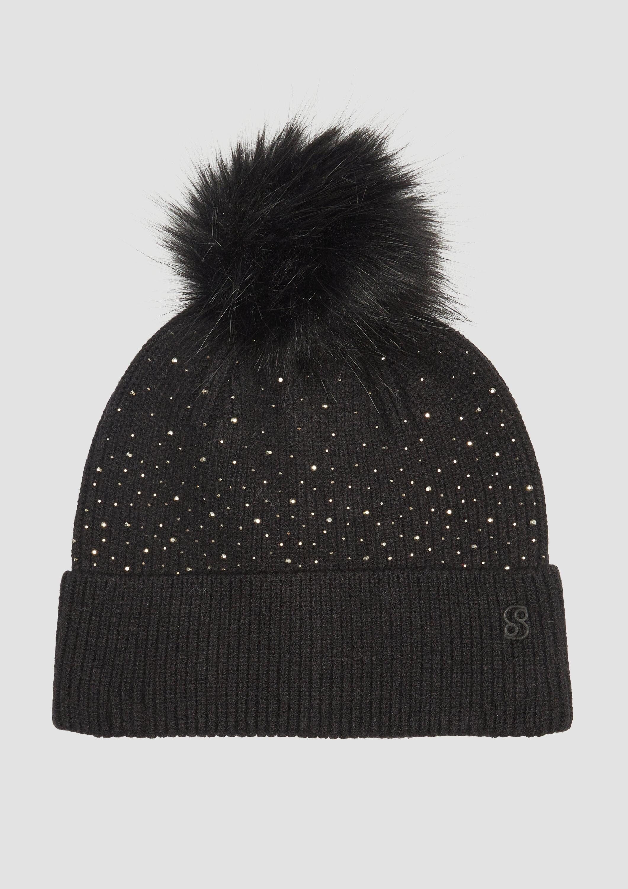 s.Oliver Strickmütze Mütze Mütze mit Kunstfell-Bommel und Nieten