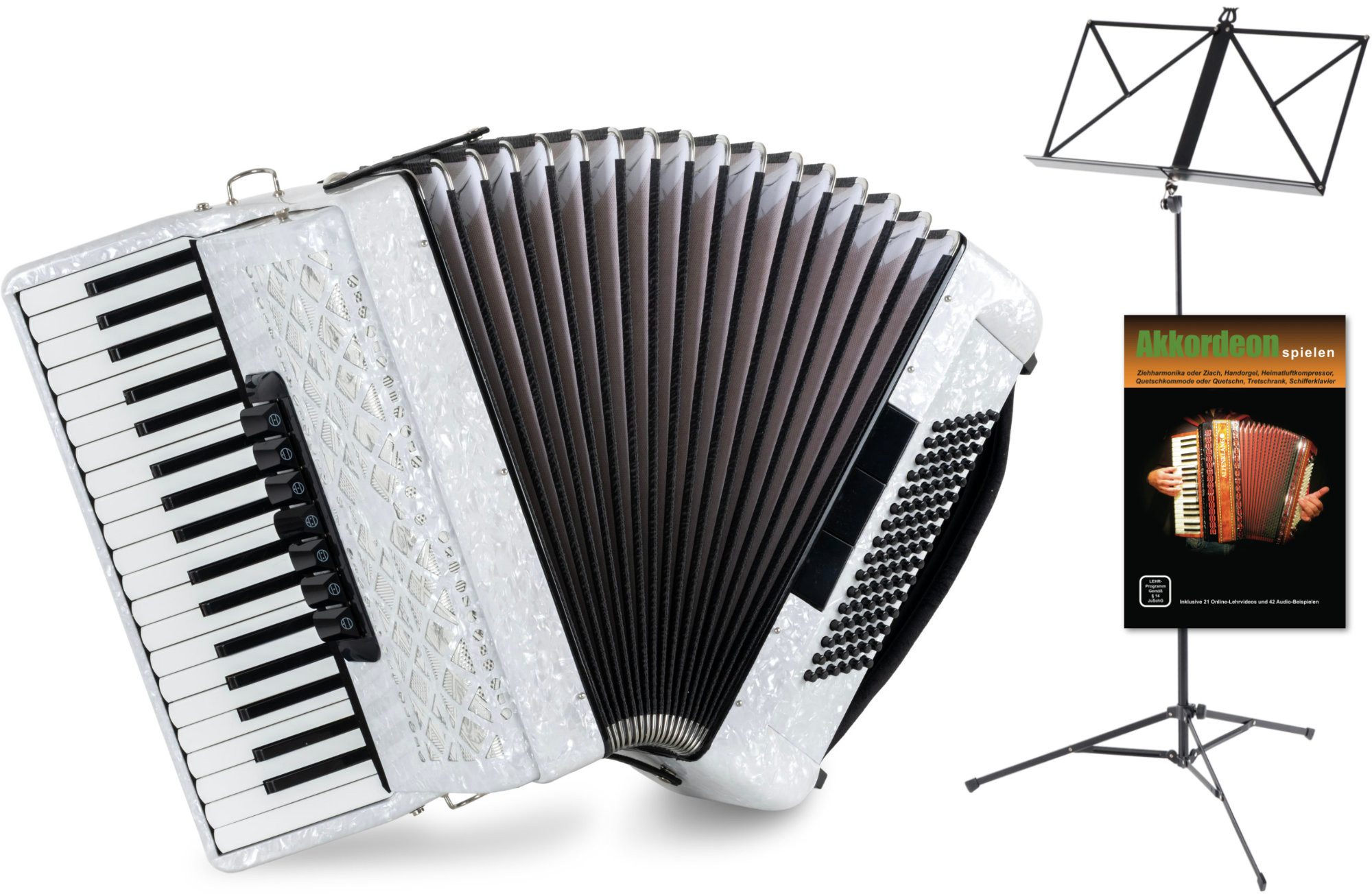 Classic Cantabile Knopf-Akkordeon 96 Bass Akkordeon "Secondo V" Set - Ideales Schülerinstrument (Komplett-Set inkl. Tasche mit Gurt, Akkordeon-Schule und Notenständer, Inkl. Tasche und Tragegurte), mit Riemen & Rucksack-Tasche