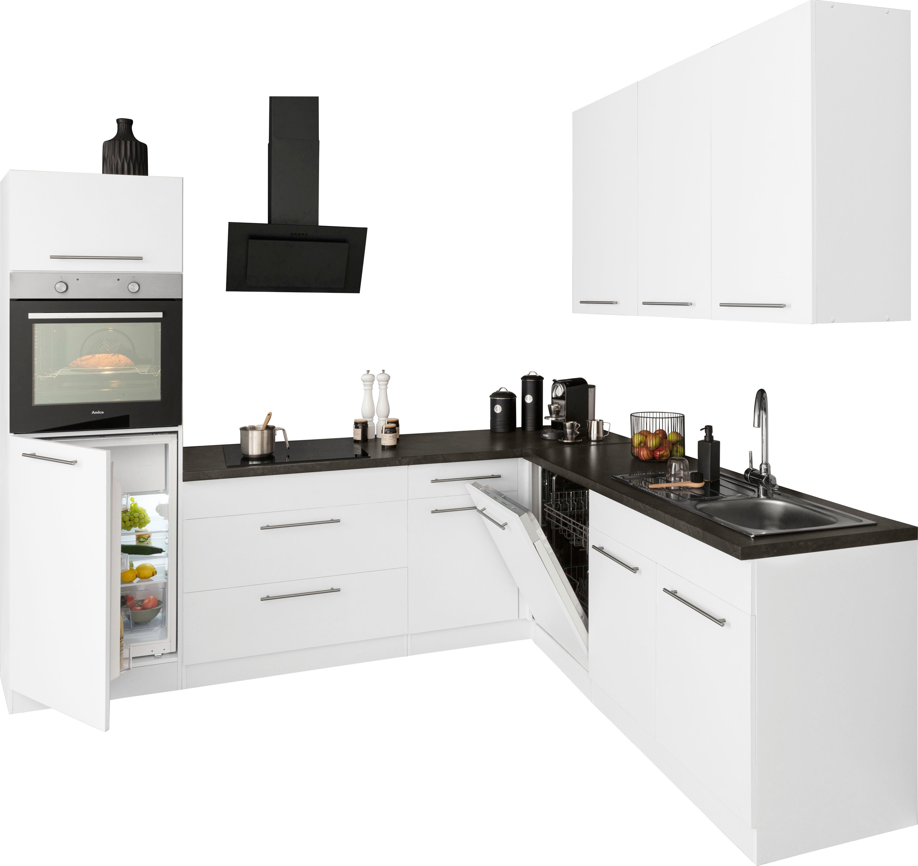 Stellbreite wiho Winkelküche Küchen 260 Unna, schwarz mit E-Geräten, 220 Weiß/Granit cm | x weiß