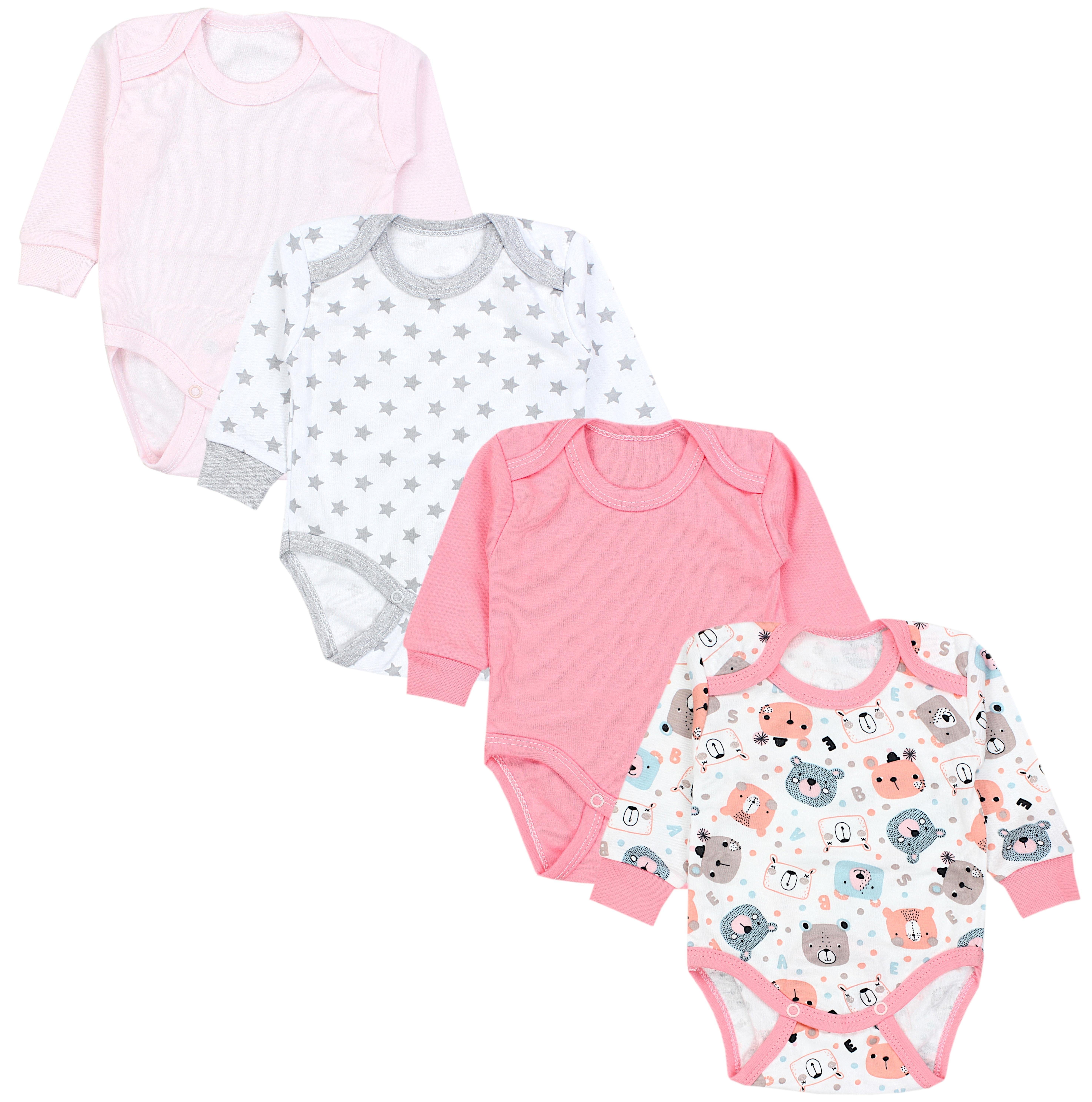 TupTam Langarmbody TupTam Baby Mädchen Langarmbody Mitwachsbody Babybody 4er Pack Bärchen Koralle Sterne Grau Hellrosa | Shirtbodies