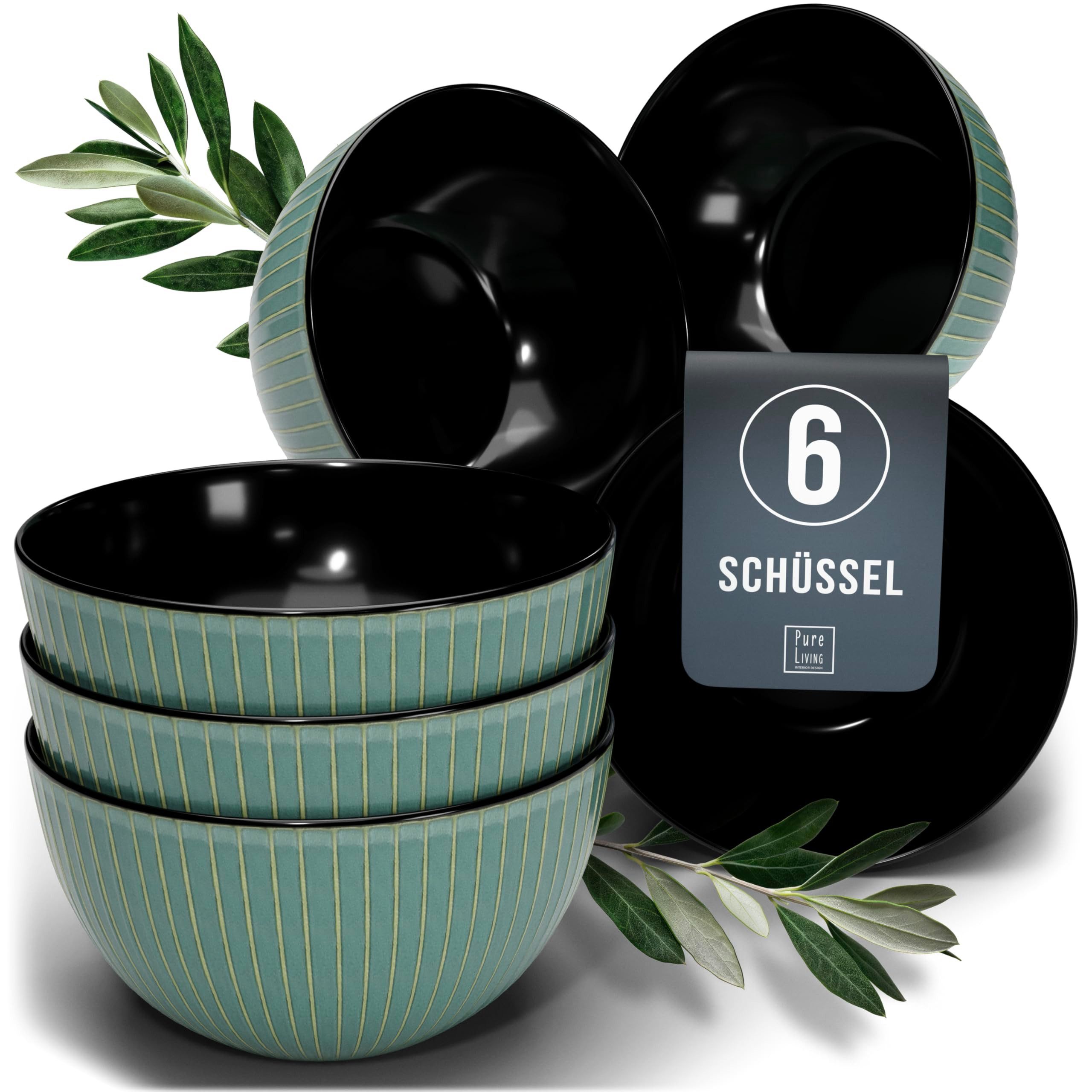 PURE LIVING INTERIOR DESIGN Geschirr-Set Pure Living Müslischale 6er 16cm »Ribbed«, Steingut, Grün, 6 Personen, Steingut, Mediterrane Handwerksoptik, Reaktive Glasur – jedes Stück einzigartig…